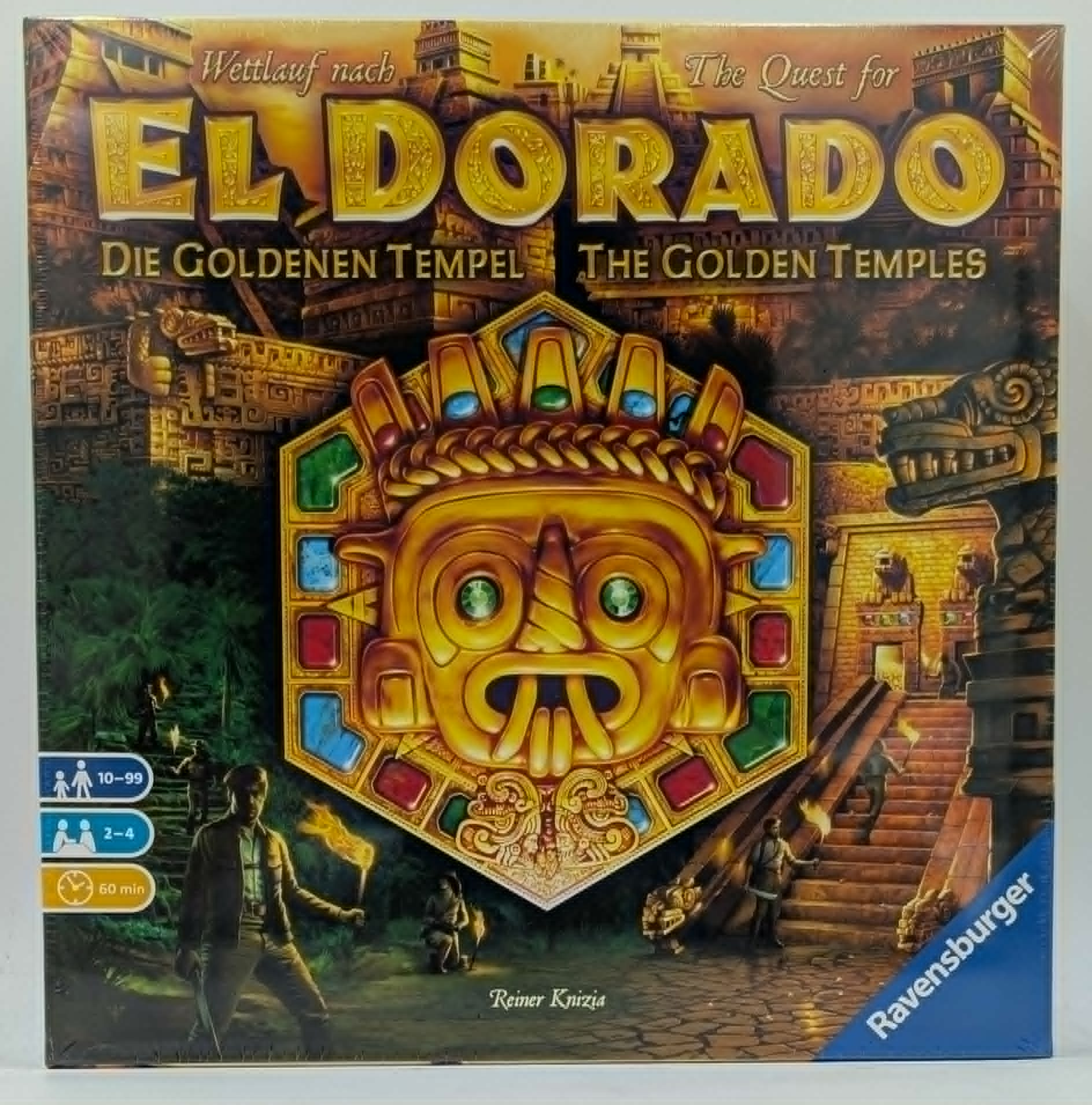 Brettspielbox 'El Dorado: Die Goldenen Tempel' mit aztekischem Gesicht und Dschungelszene.