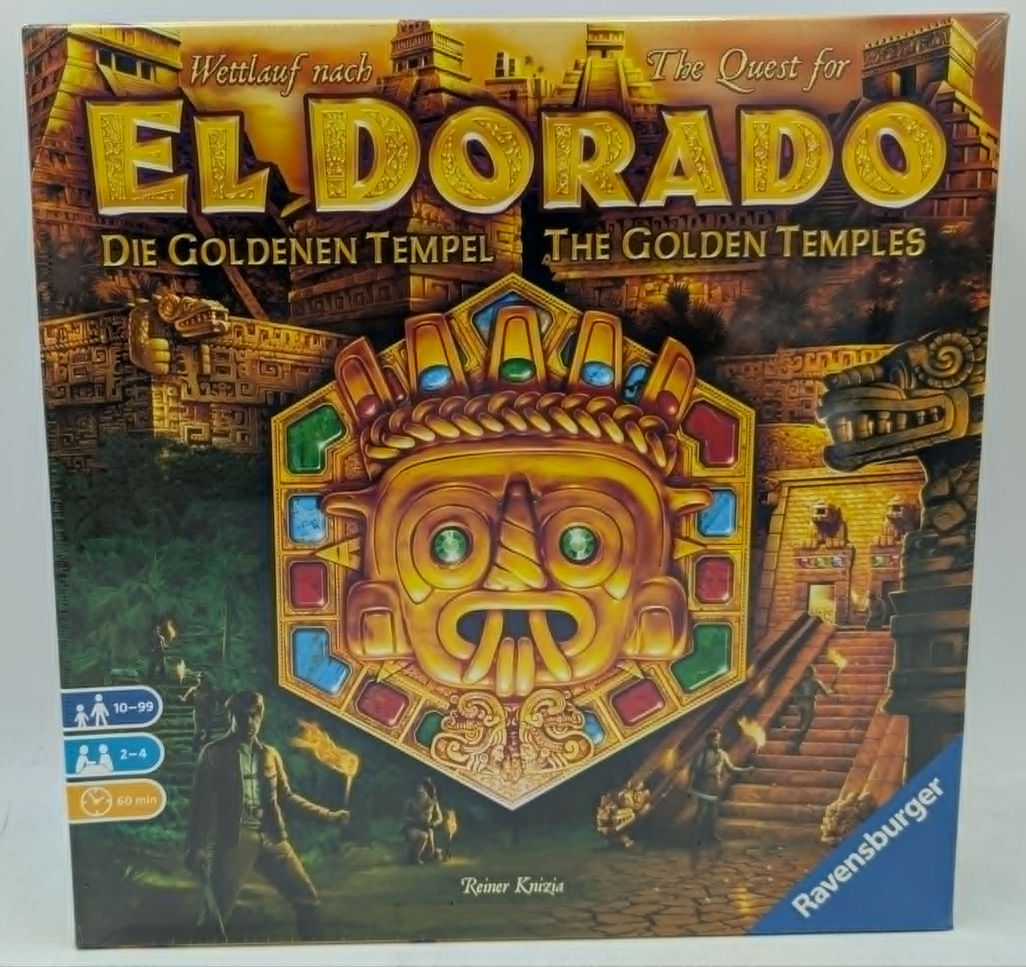 Brettspiel-Boxcover für El Dorado: Die Goldenen Tempel. Zeigt eine goldene Maske und Maya-Architektur.