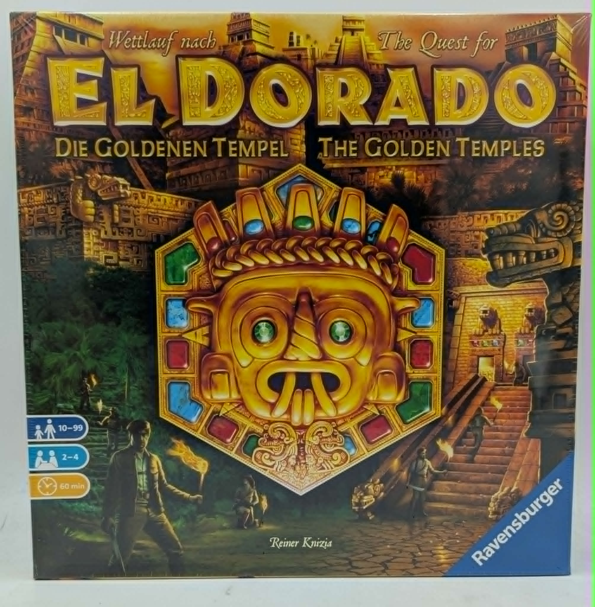 Brettspiel-Cover: El Dorado, mit goldener Maske und Tempeln.