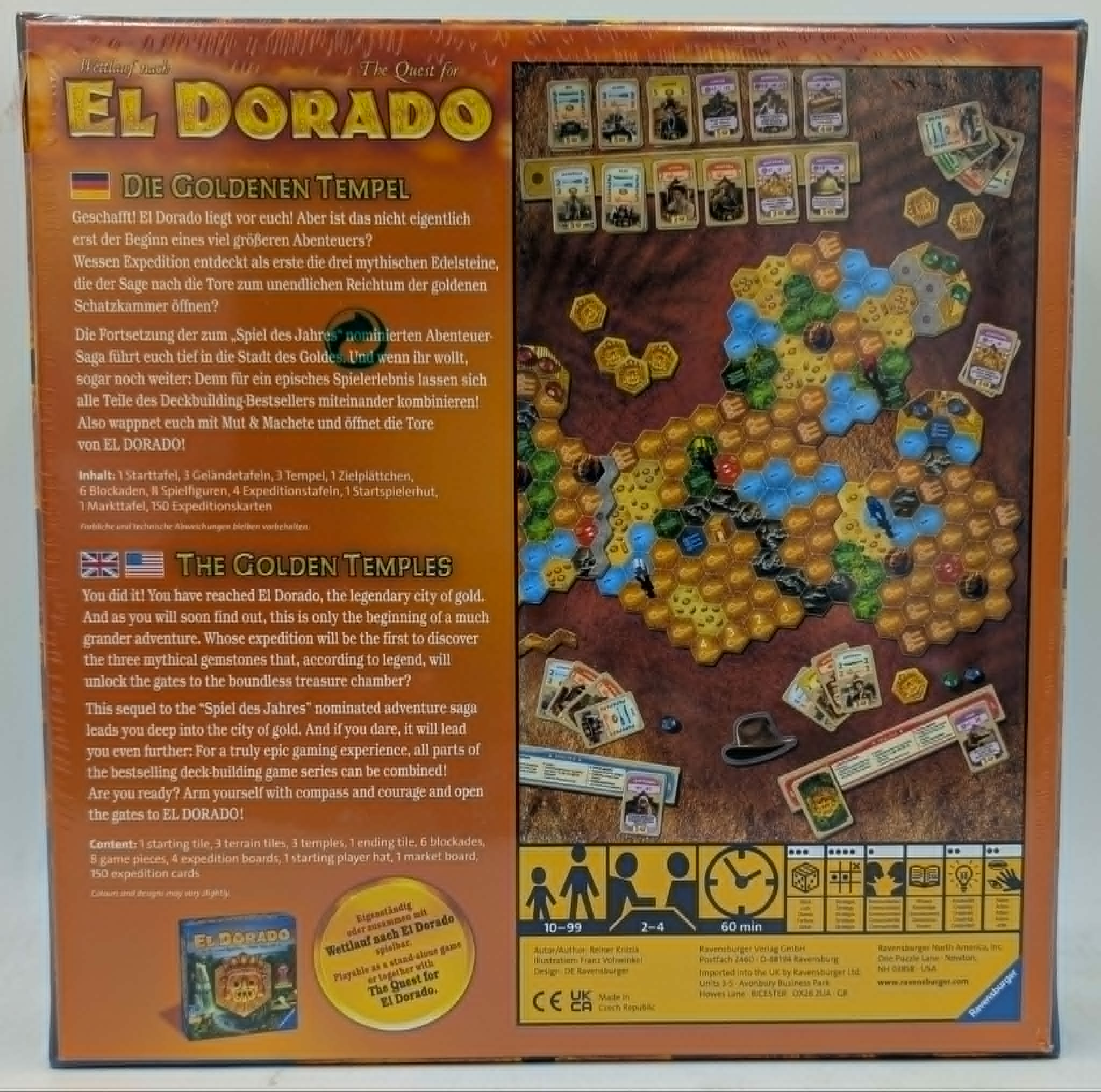 Brettspiel "El Dorado: Die Goldenen Tempel" mit Spielplan, Karten und Spielfiguren.