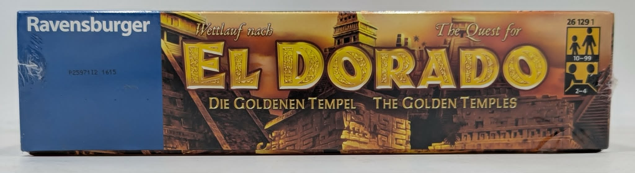 Spiel "El Dorado" von Ravensburger mit goldener Schrift und Tempel-Illustration.