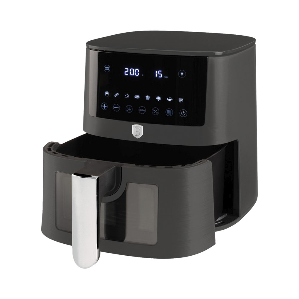 Friteuse à air noire avec écran numérique indiquant 200 degrés et 15 minutes.