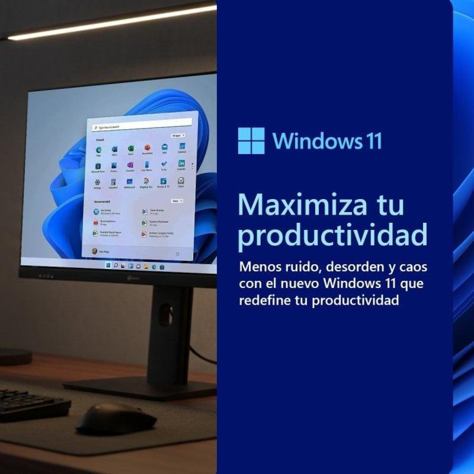 Un monitor mostra Windows 11 con app. Accanto c'è "Maximiza tu productividad."