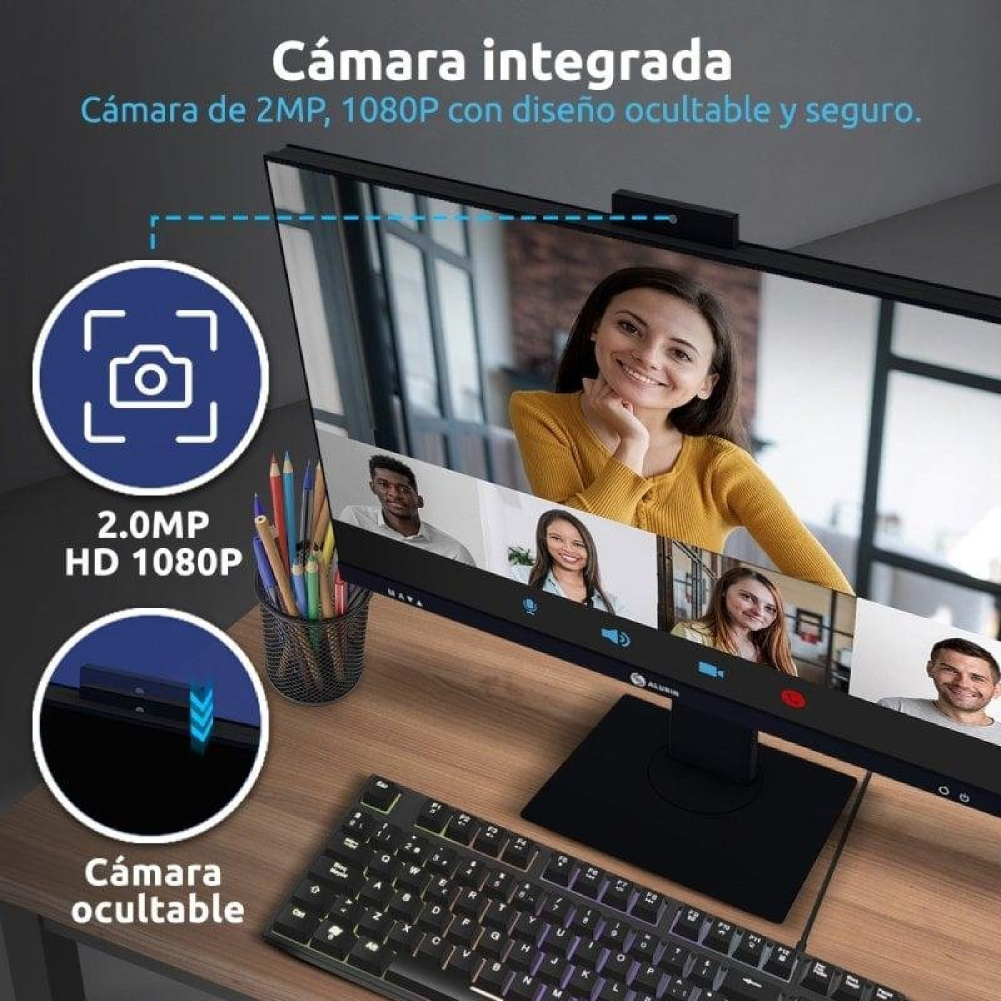 Telecamera integrata 2MP 1080P con design a scomparsa, su una scrivania.