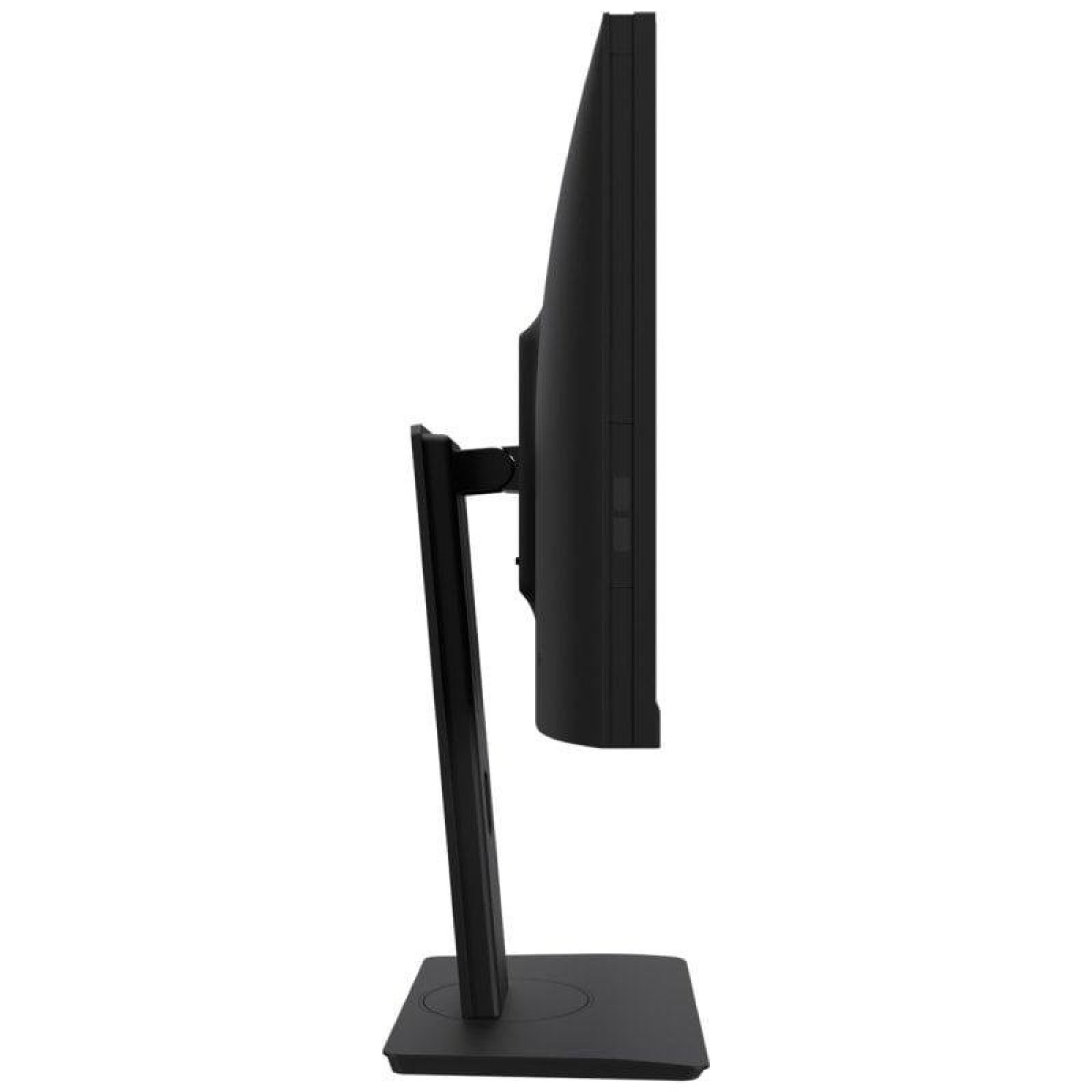 Vista laterale di un monitor per computer nero su supporto su sfondo bianco.
