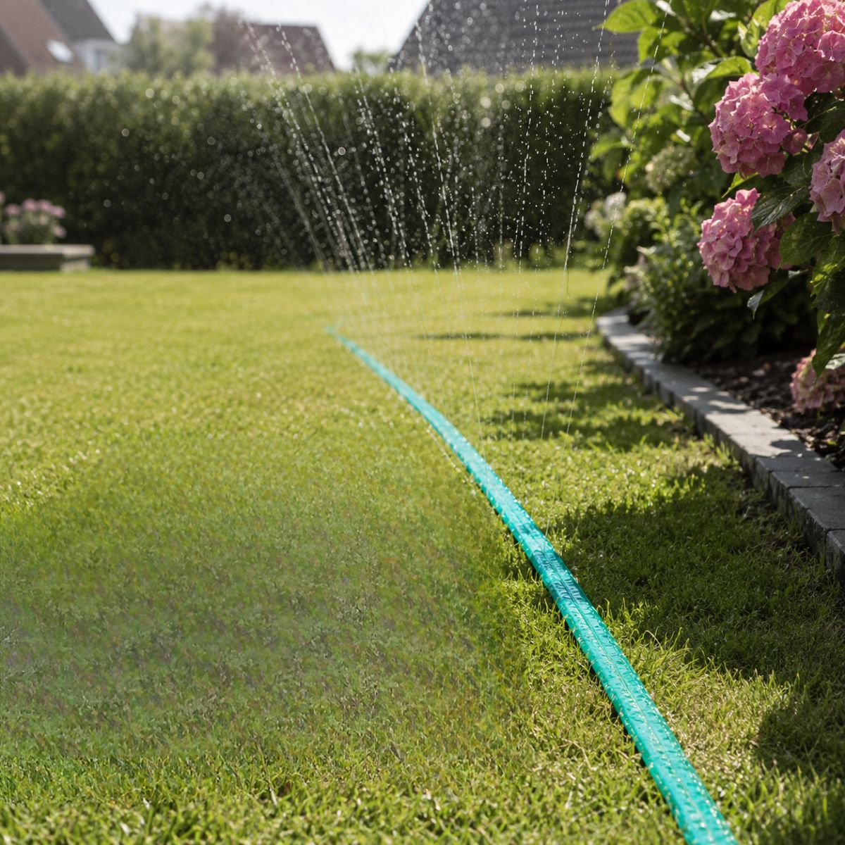 A garden hose waters a lawn with hydrangeas in the background.