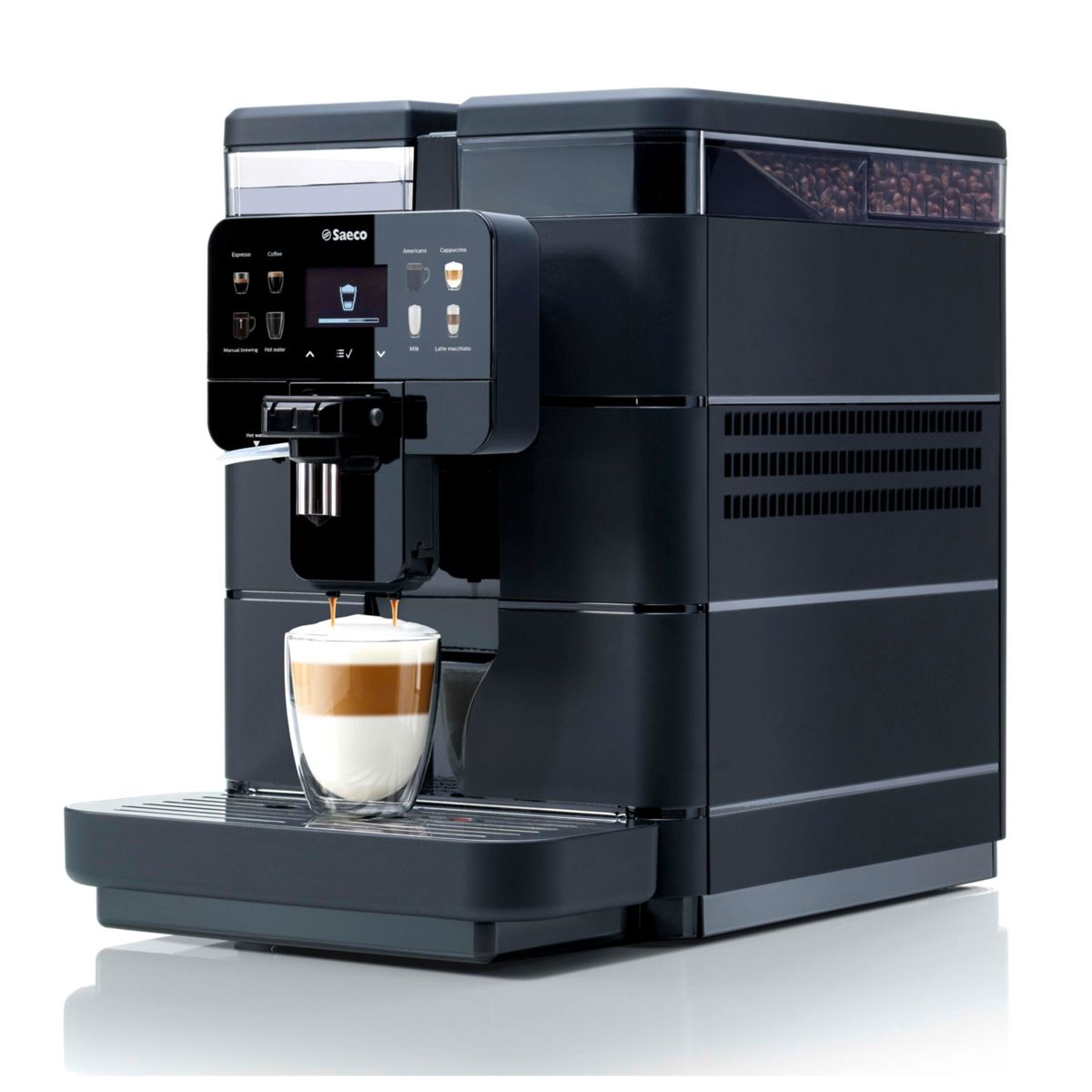 Czarny ekspres do kawy z latte i ziarnami kawy w zasobniku.