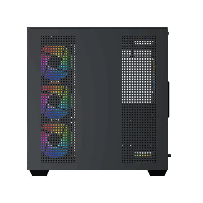 Un case per computer nero con ventole RGB sul lato sinistro.