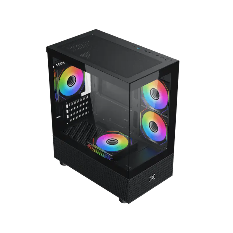 Case PC nero con frontale in vetro e ventole RGB.