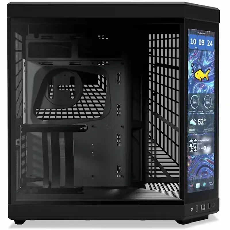 Case PC nero con frontale in vetro e schermo integrato che mostra ora, meteo e icona di pesce.
