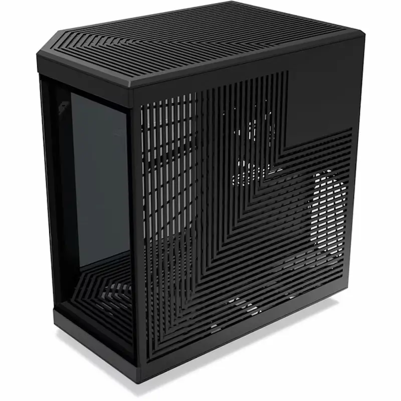 Un case per computer nero con pannello laterale in vetro e griglia di ventilazione geometrica.