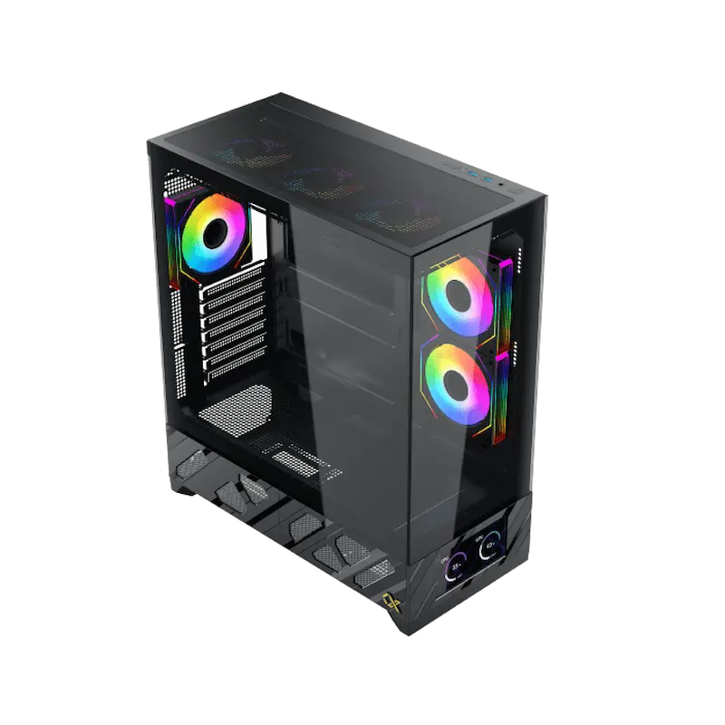 Un case per computer nero con pannelli in vetro temperato e ventole RGB.