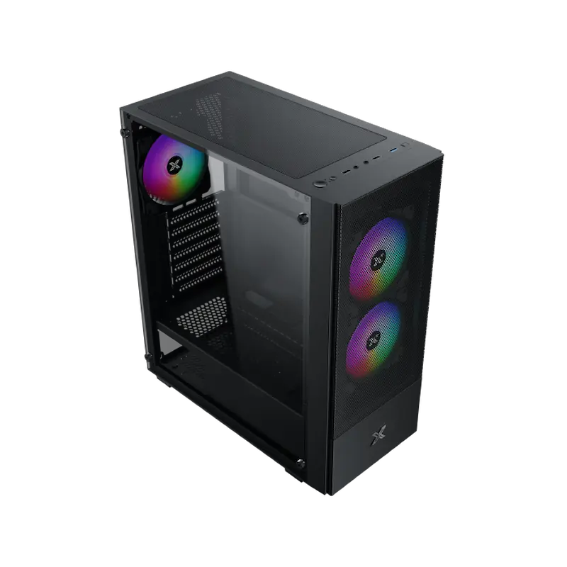 Case PC nero con pannello laterale in vetro e ventole RGB.