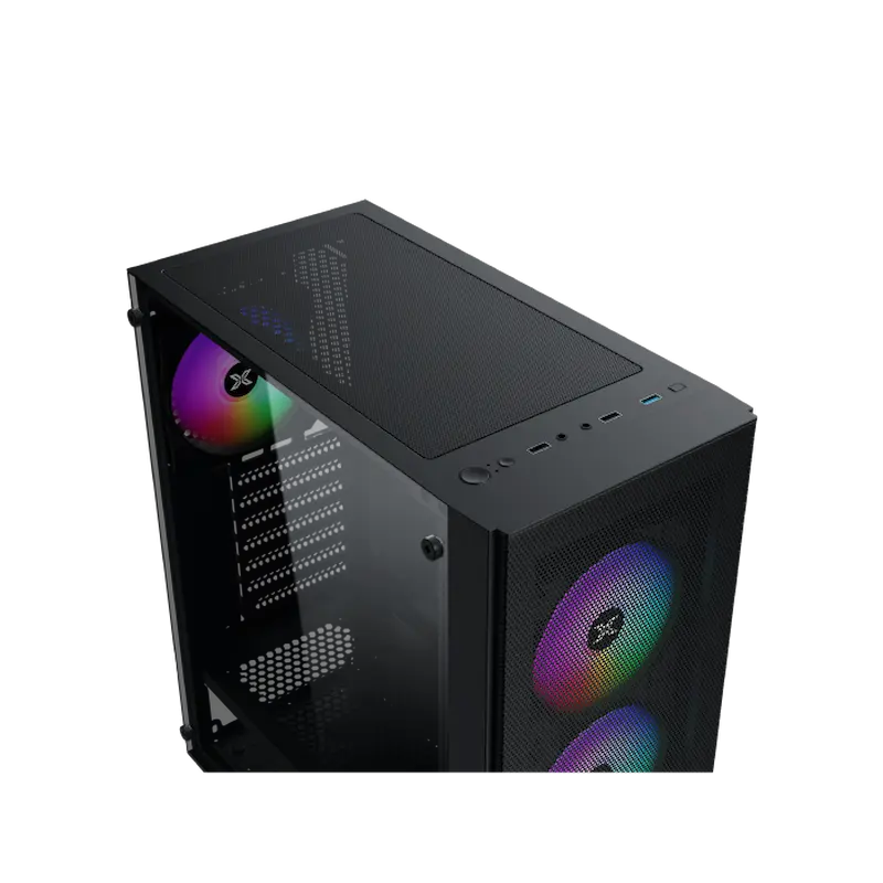 Case per computer nero con pannello laterale in vetro e ventole RGB.