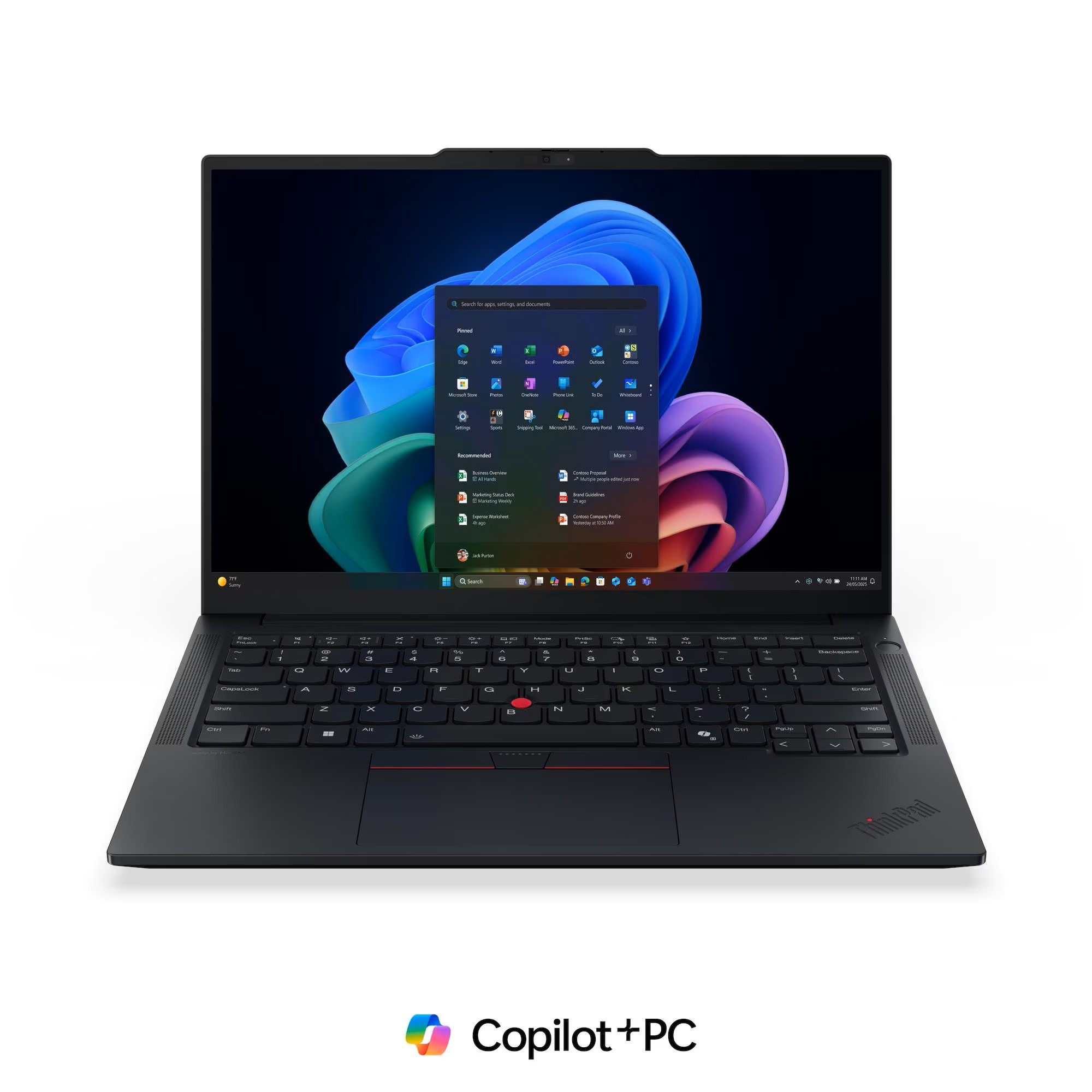 Windows Başlat menüsünü ve klavyeyi gösteren siyah bir dizüstü bilgisayar. Altta Copilot+PC logosu.