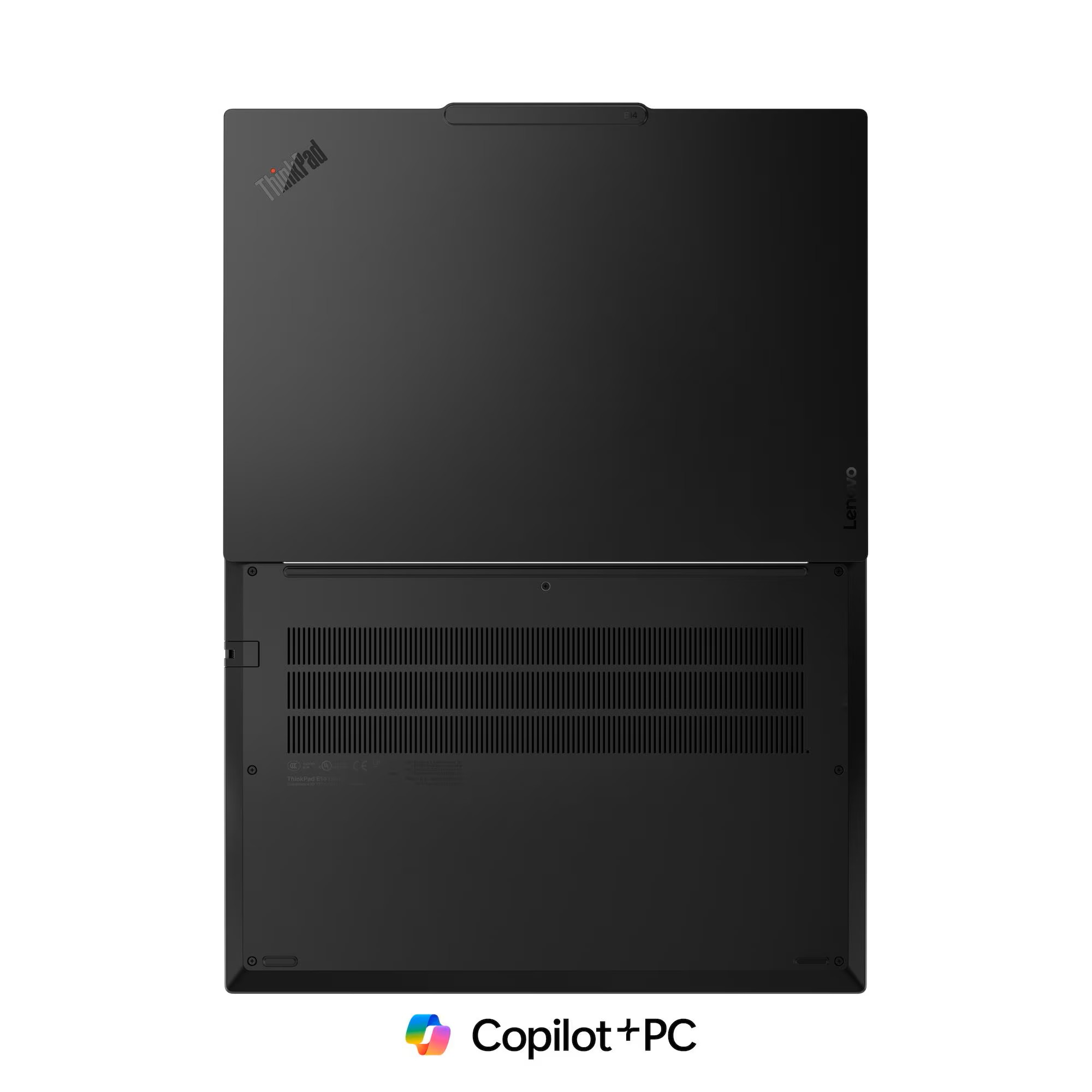 Açık kapaklı siyah dizüstü bilgisayar, ThinkPad logosu ve havalandırma delikleri.