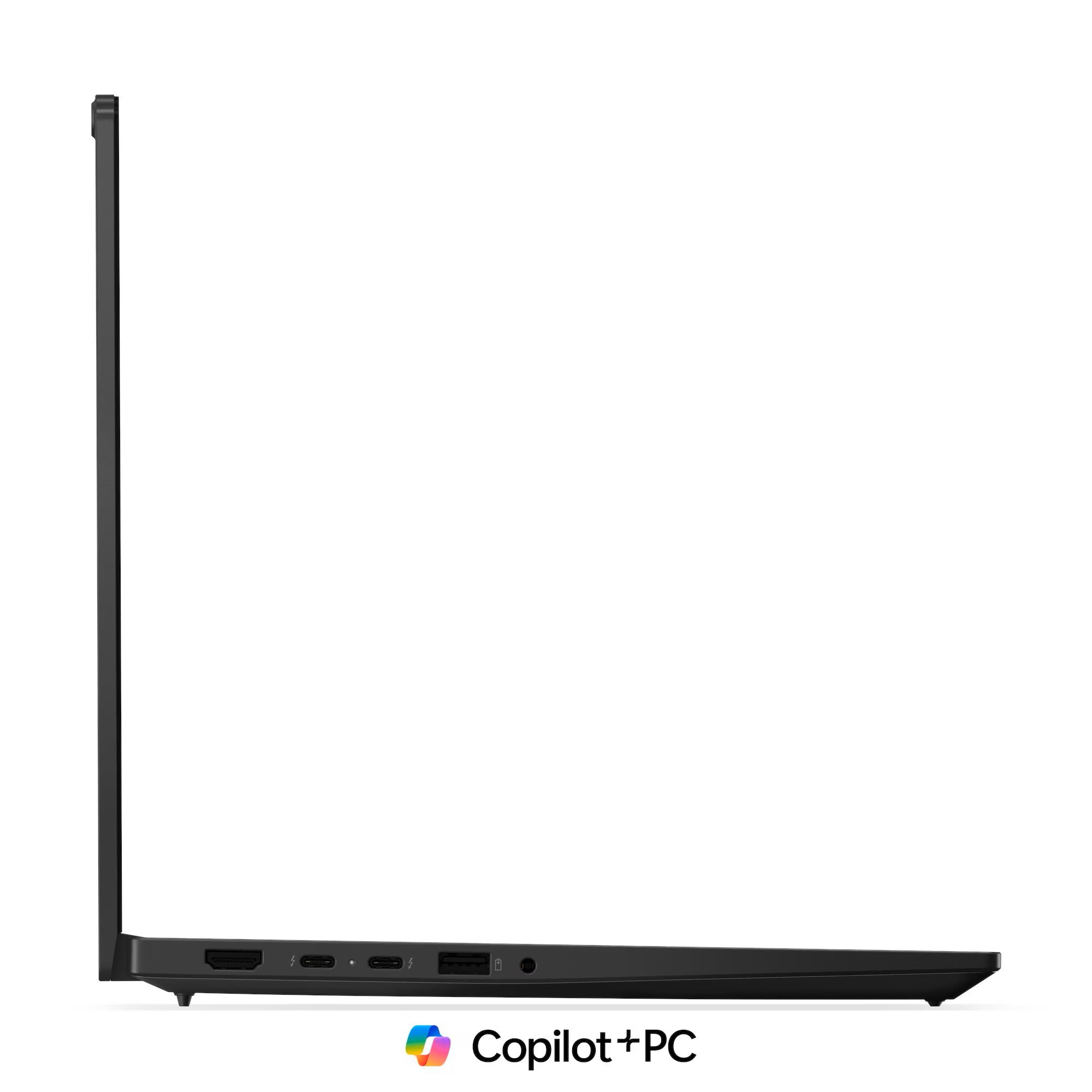 Portlar görününen siyah dizüstü bilgisayar, yan profil. Altta Copilot+ PC logosu.