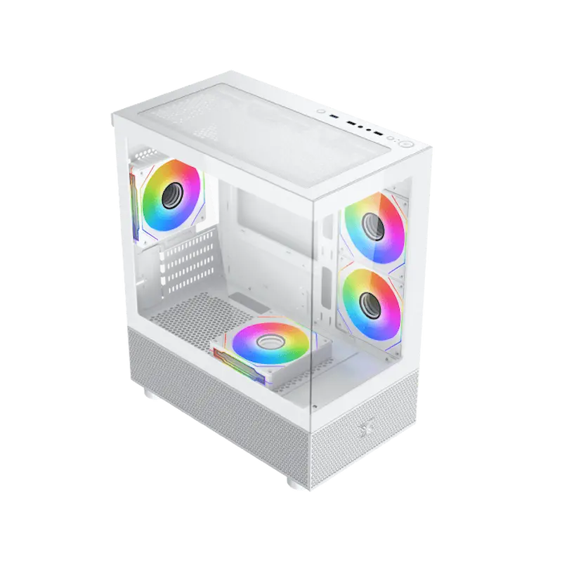 Case PC bianco con ventole RGB arcobaleno visibili.