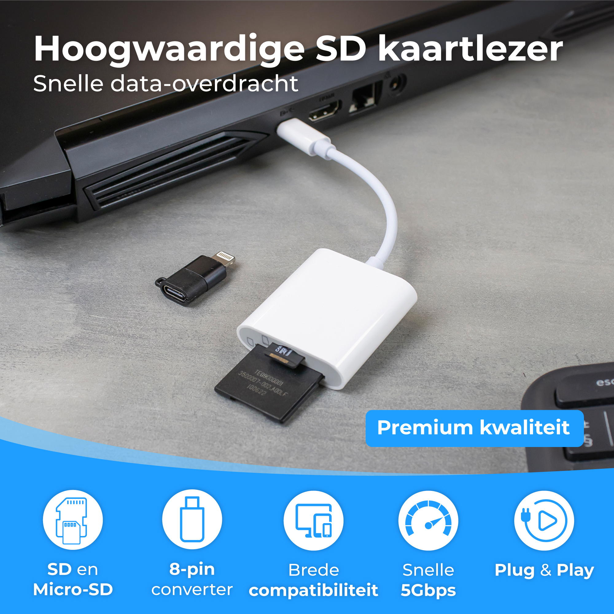 SD card reader with Lightning adapter and SD/Micro-SD card to laptop.