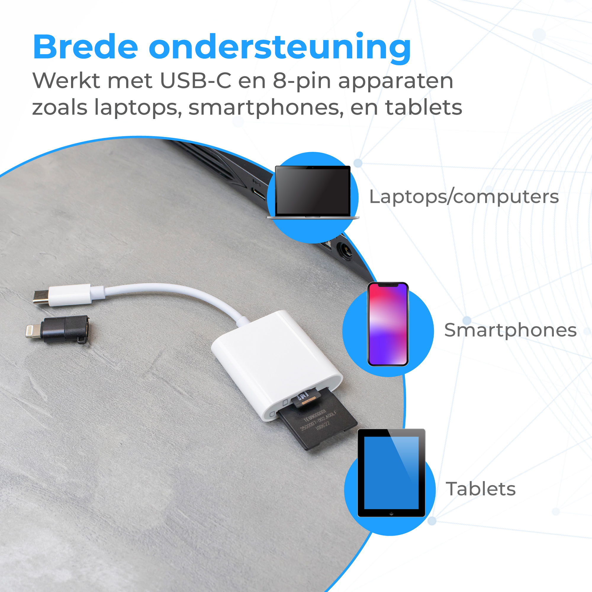 Adapter with USB-C and Lightning ports for laptops, smartphones, and tablets.
