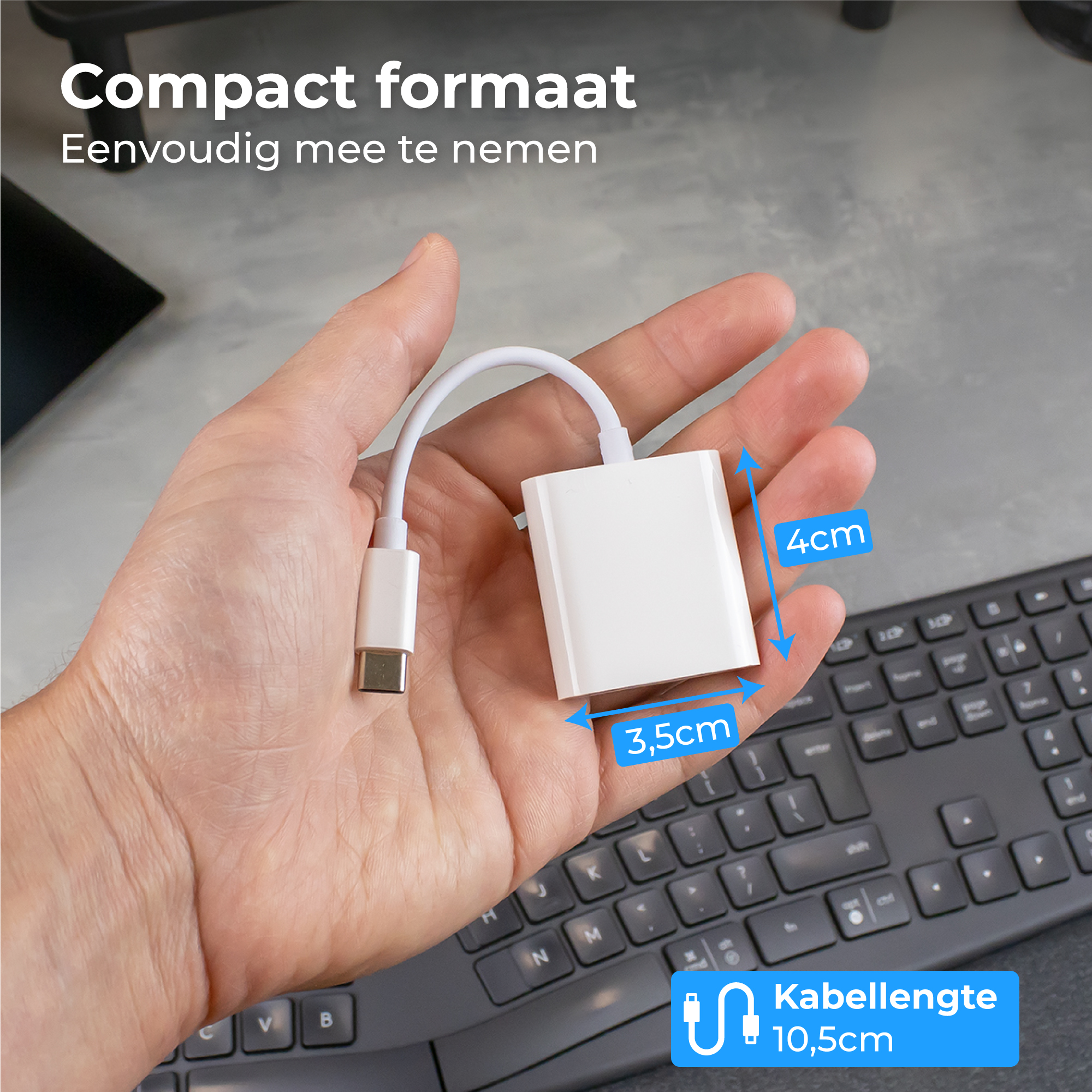 A hand holds a small white USB-C adapter measuring 3.5x4cm.