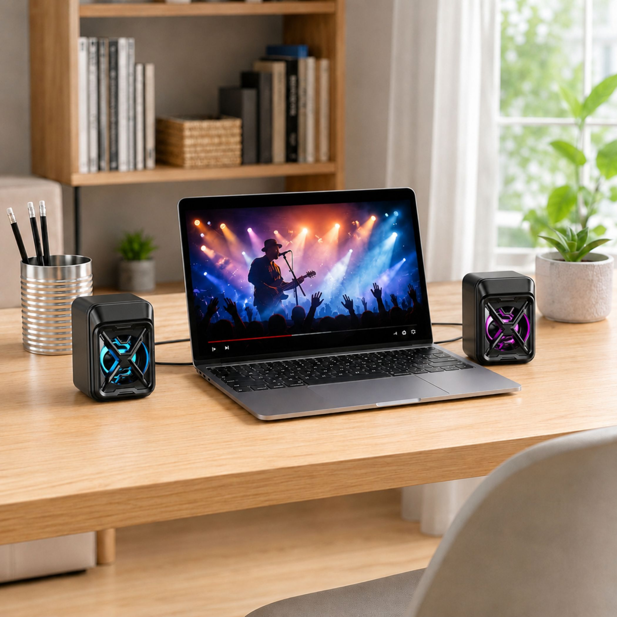 Laptop mit zwei Lautsprechern und einem Konzert auf dem Bildschirm.