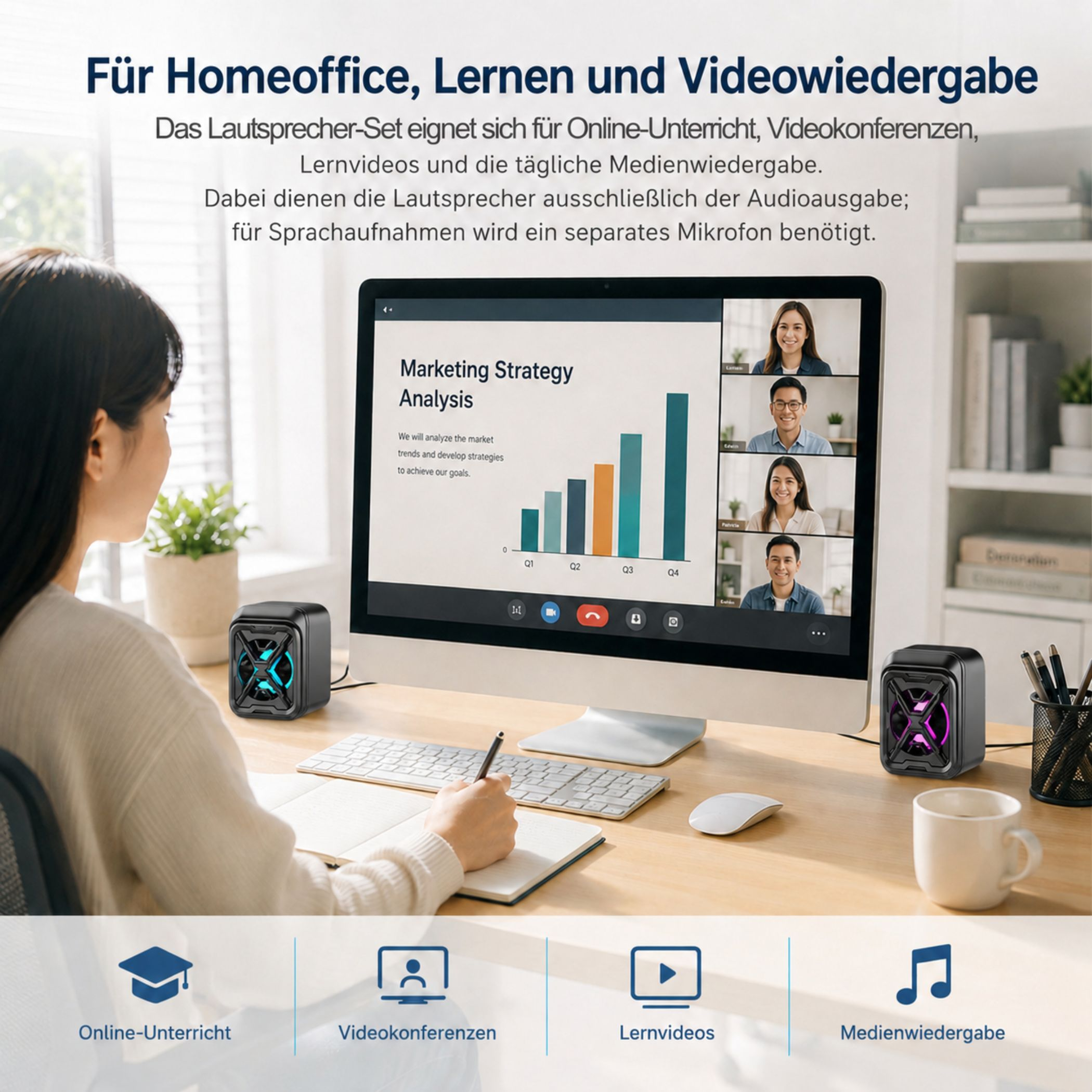 Frau am Schreibtisch mit Lautsprechern und Computer, die eine Videokonferenz zeigt.