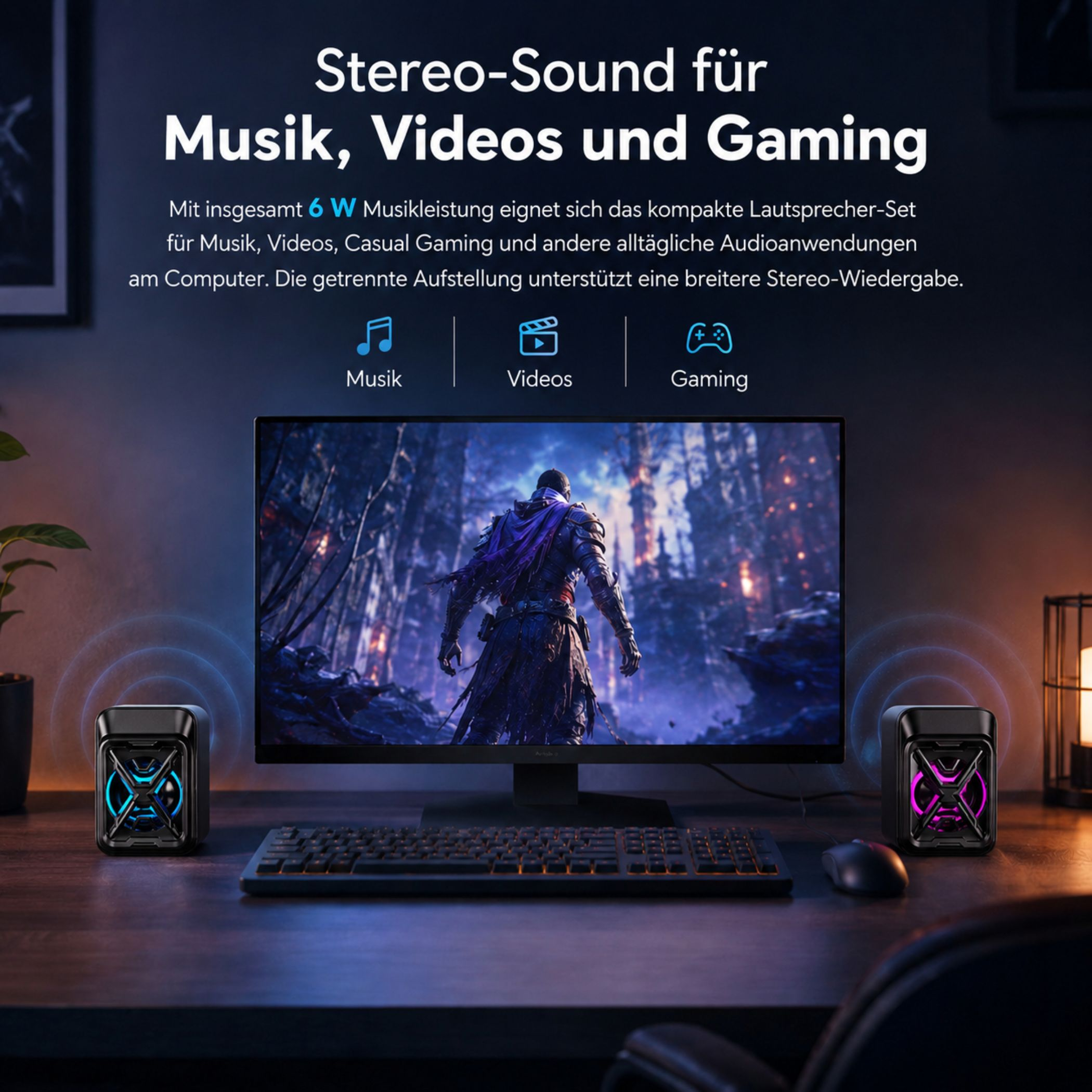 Zwei Lautsprecher mit Lichteffekten stehen neben einem Monitor mit Gaming-Szene.