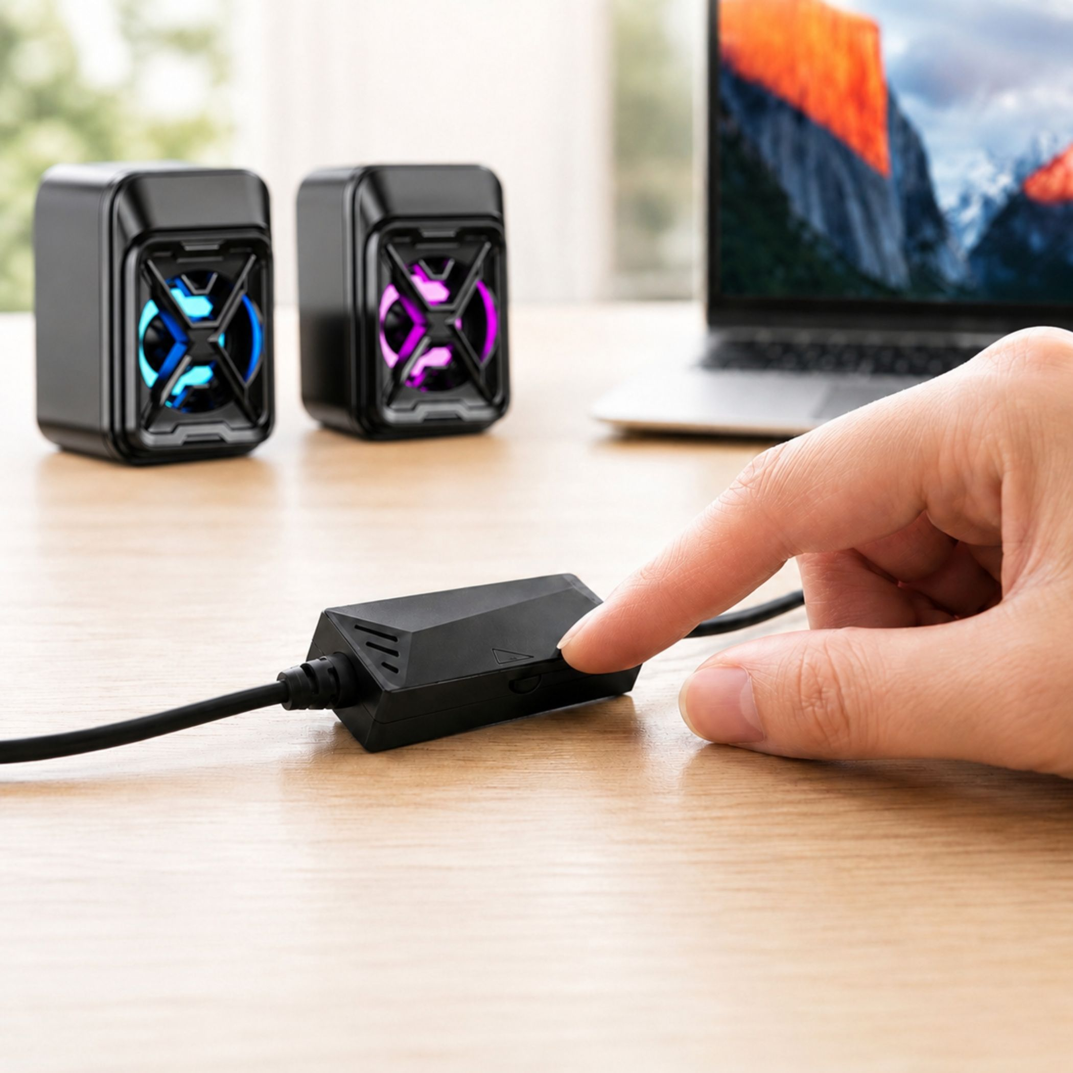 Ein Finger drückt einen Knopf auf einem schwarzen Inline-Controller für Lautsprecher. Zwei Lautsprecher mit blauen und violetten Lichtern sind in der Nähe.
