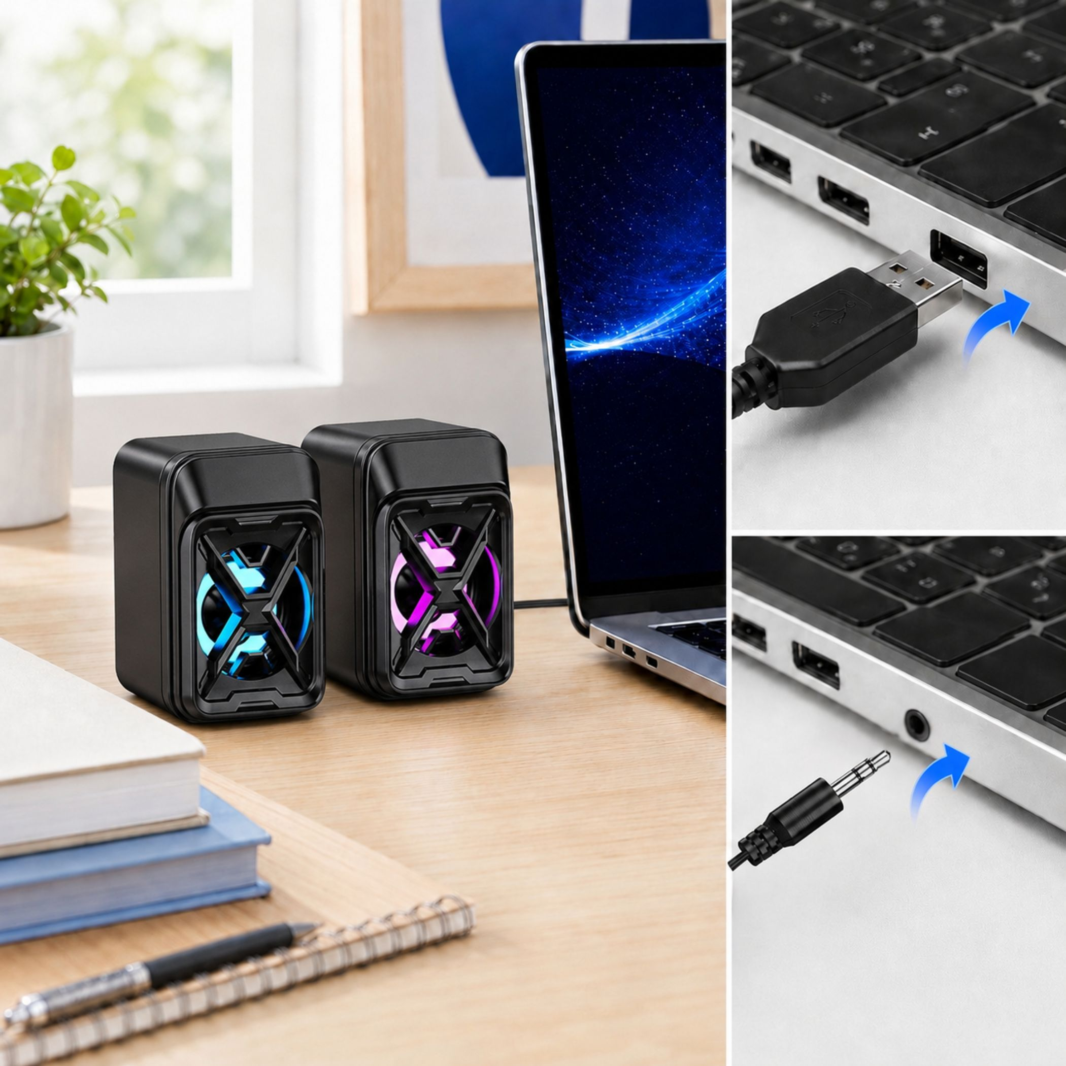 Schwarze Lautsprecher mit blauer und violetter Beleuchtung neben einem Laptop.