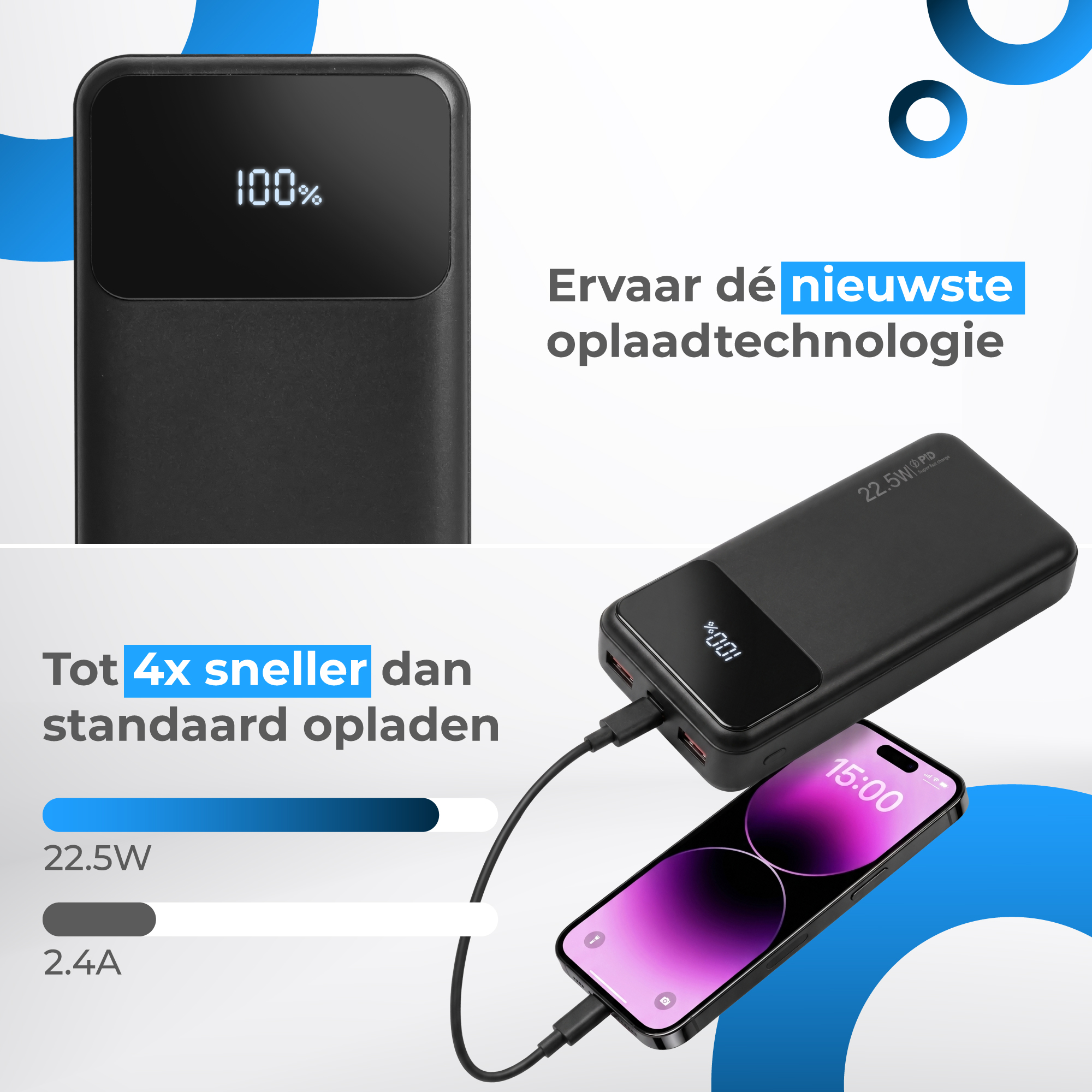 Black power bank charging a phone. Display shows 100%. Phone shows 15:00.