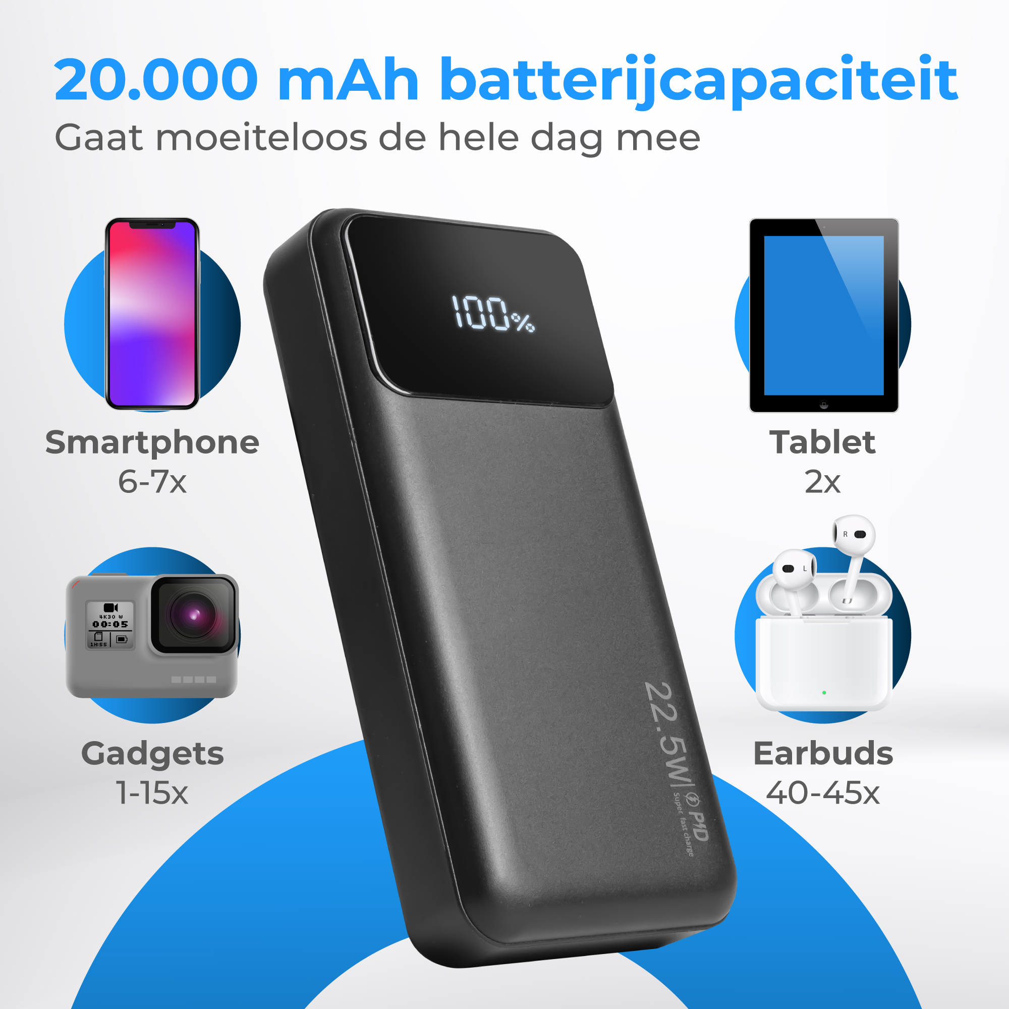 Black power bank at 100% charge, powers smartphone, tablet, gadgets, earbuds.