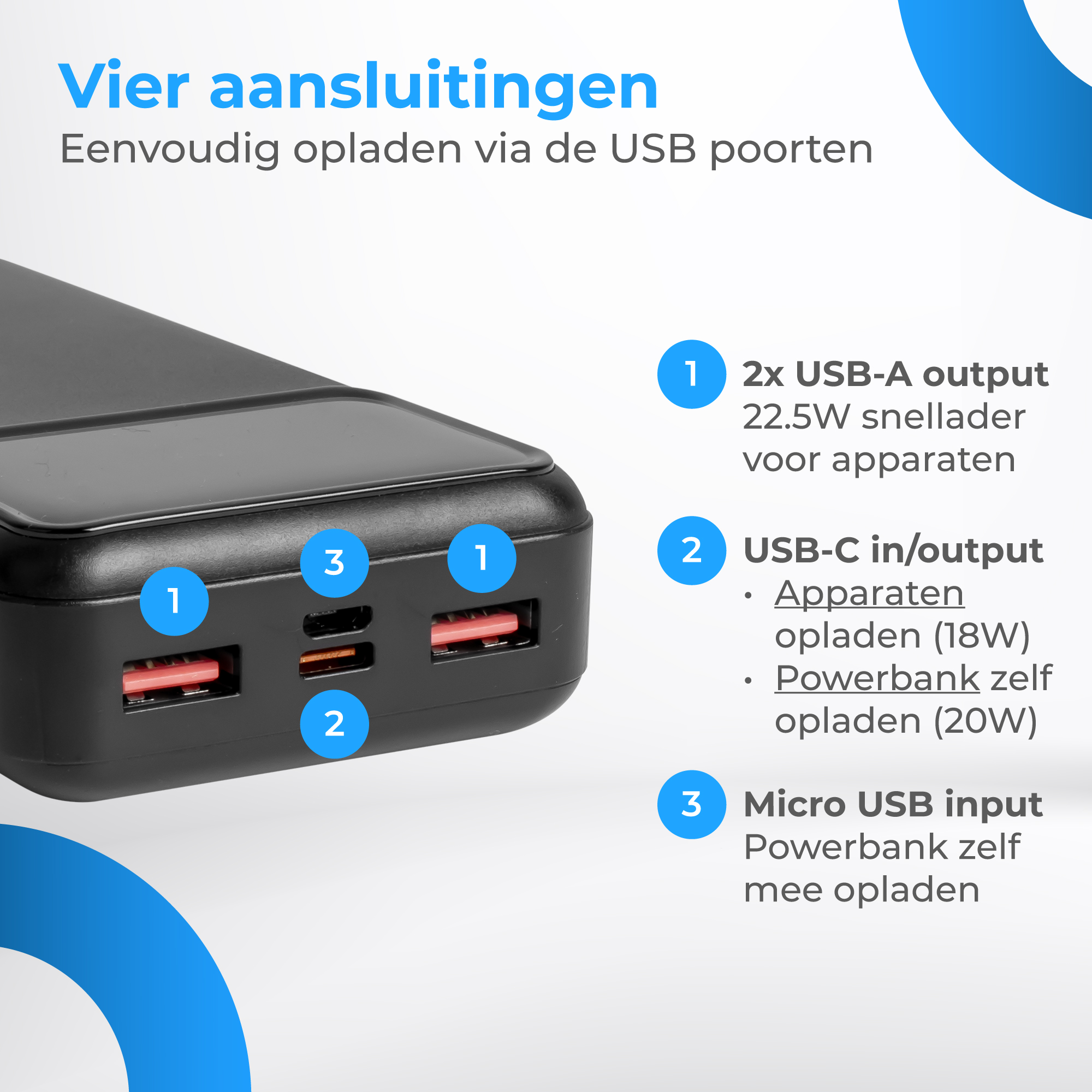 Black power bank with 3 ports: 2x USB-A, 1x USB-C, 1x Micro USB.