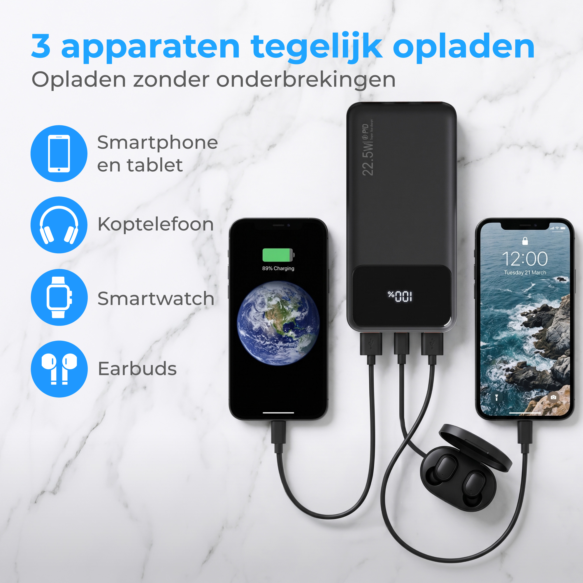 Black power bank charges smartphone, iPhone, and earbuds on marble background.