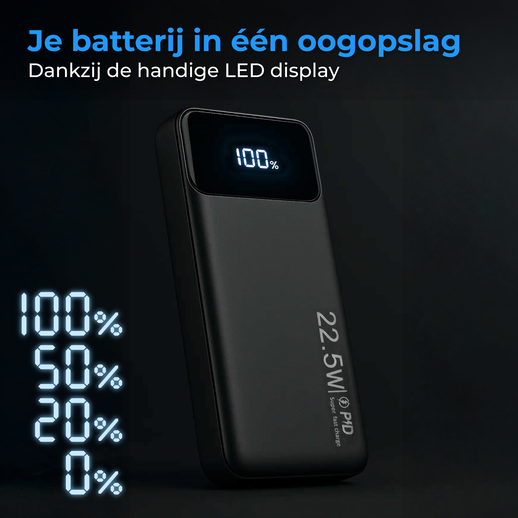 Black power bank with LED display showing 100%. Supports 22.5W PD fast charge.