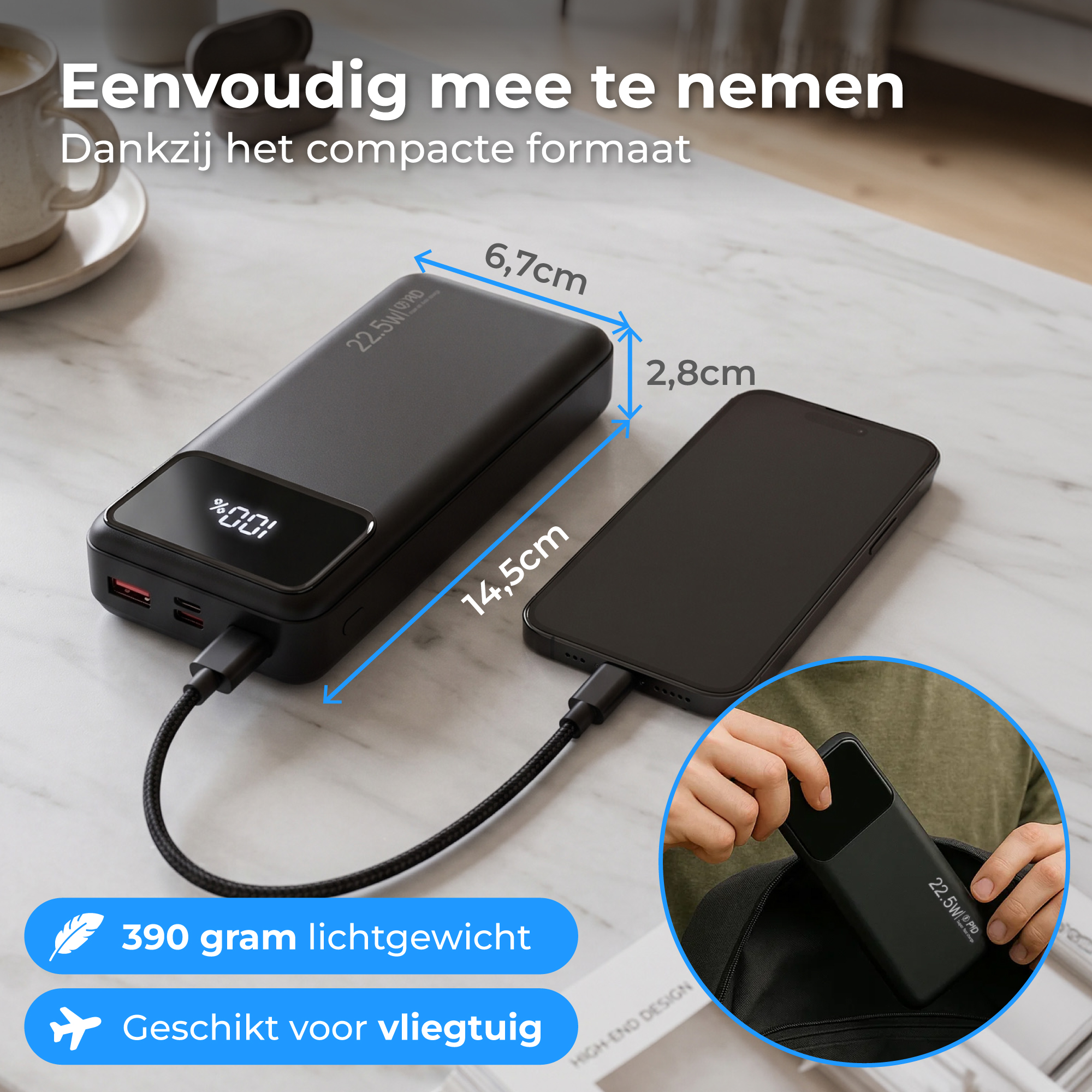 A black power bank and smartphone are shown, with dimensions. It's lightweight and airline-approved.