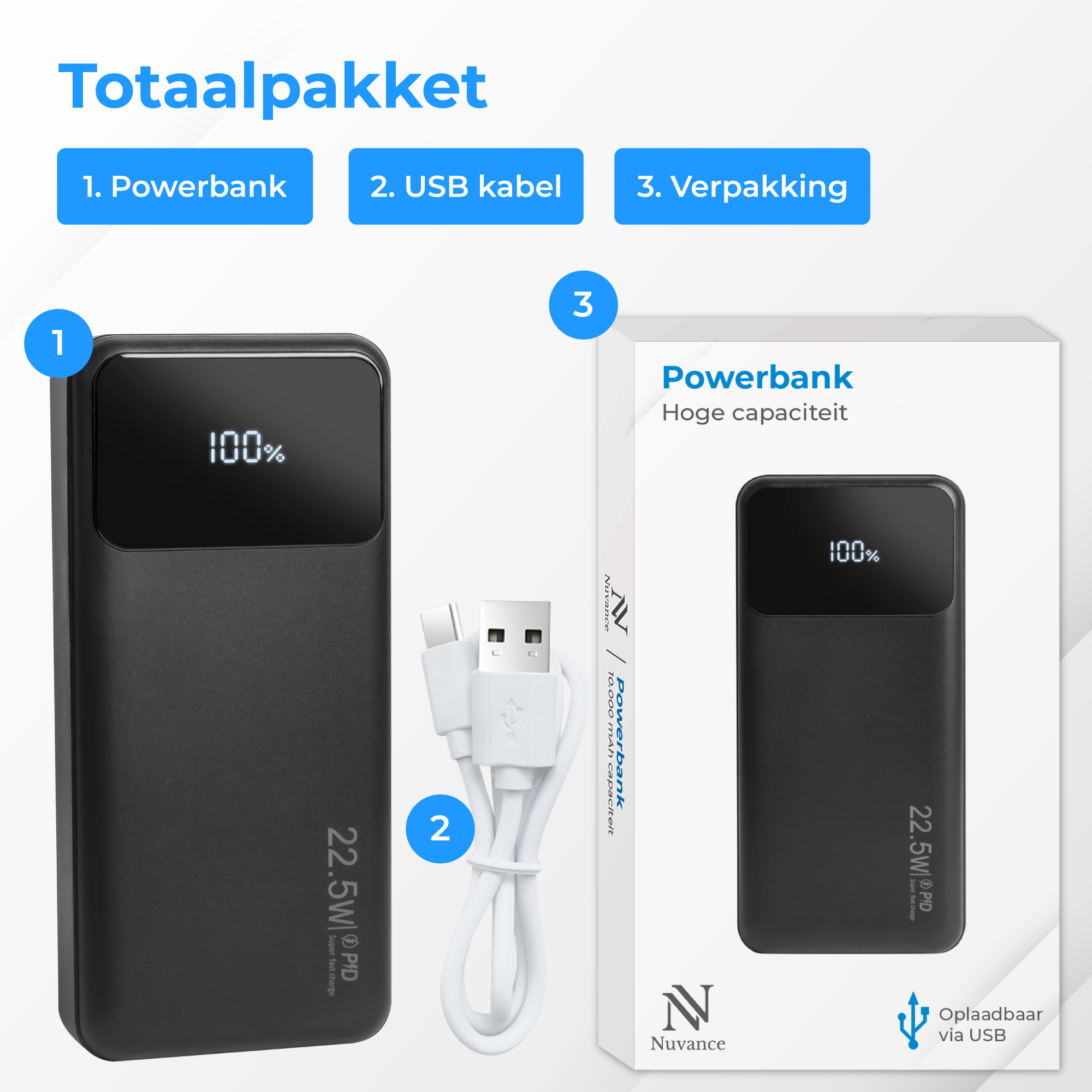 Black power bank, USB cable, and packaging. Power bank shows 100%.