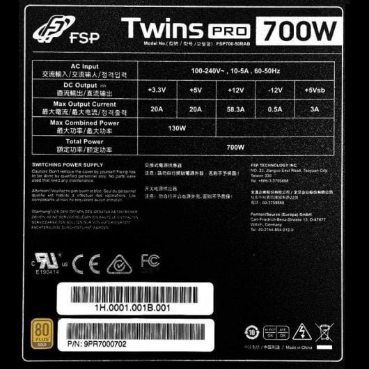 Typenschild eines FSP Twins Pro 700W Netzteils mit Spezifikationen.