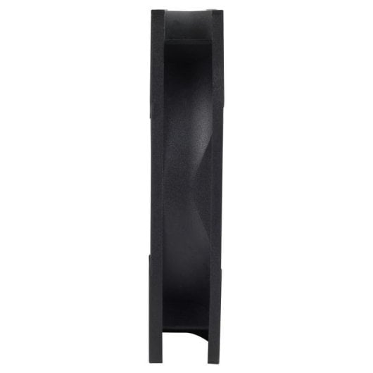 A black computer fan shown from the side on a white background.