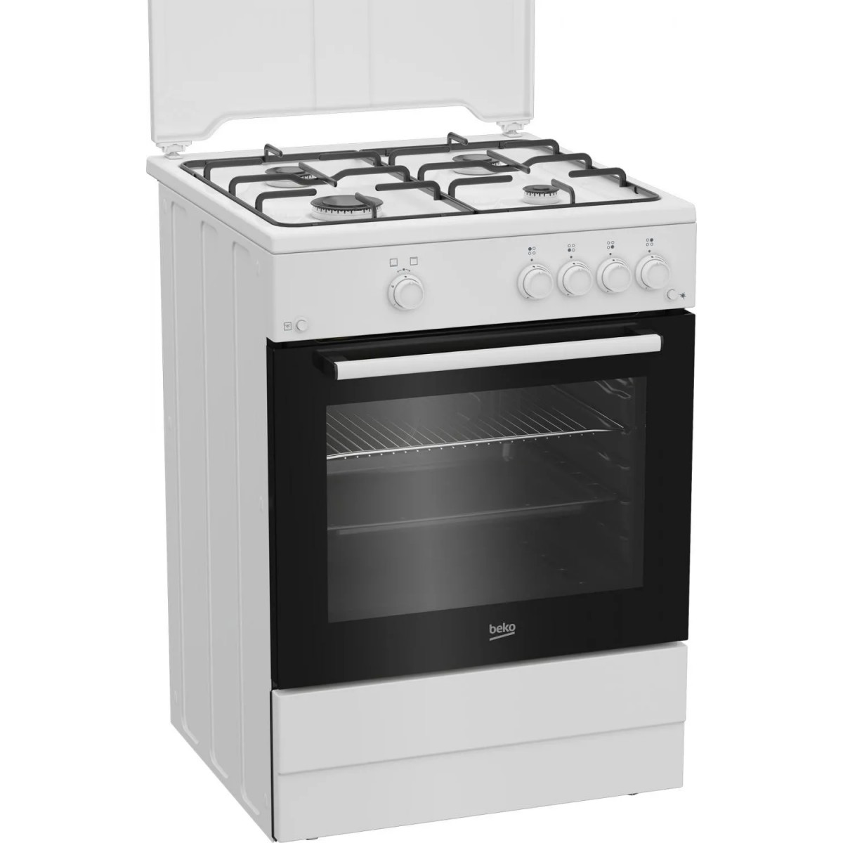 Una cucina a gas bianca con quattro fuochi, coperchio in vetro, forno e cassetto.