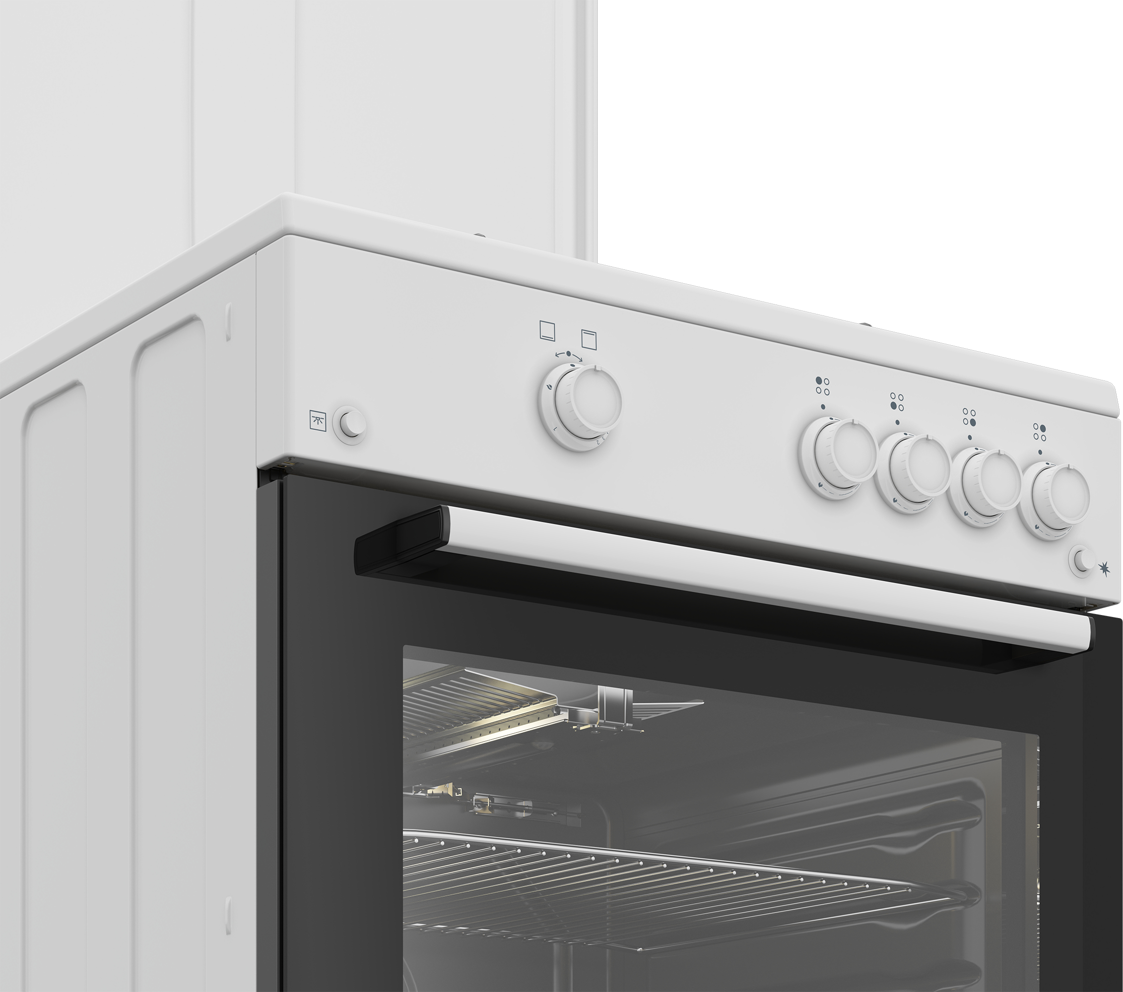 Un forno bianco con porta in vetro nero e maniglia argentata. Sono visibili diverse manopole.