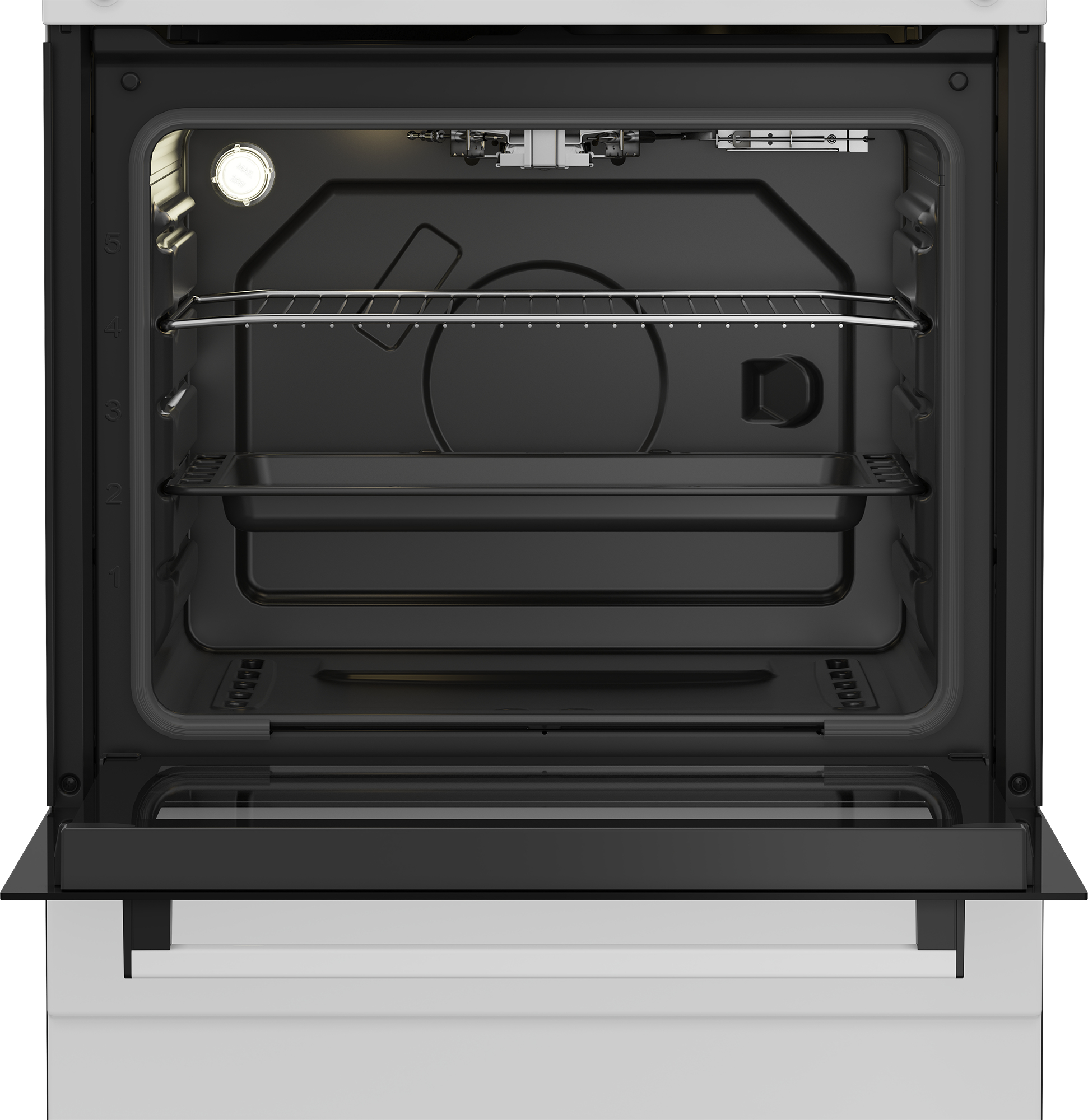 Un forno vuoto e pulito con una griglia e una teglia.