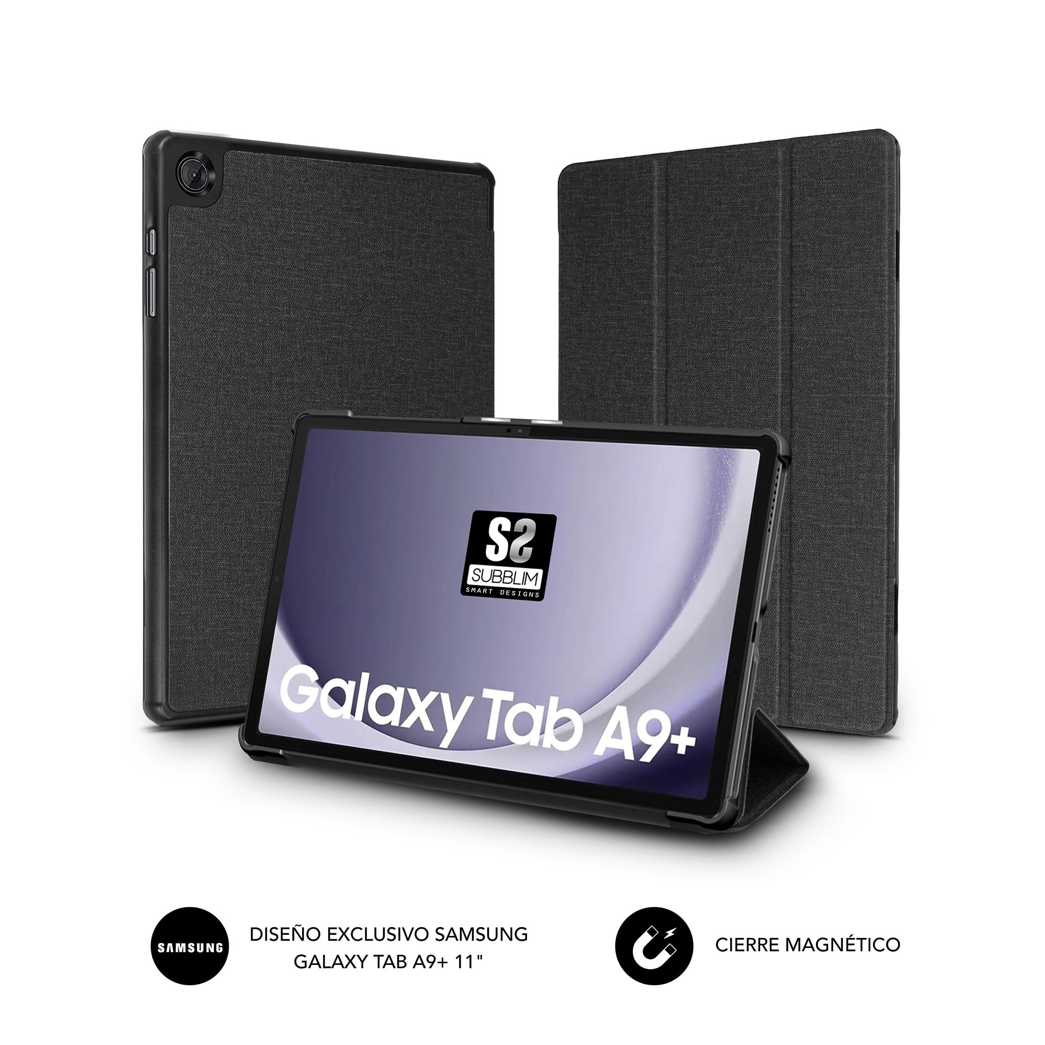 Funda de tableta gris con tableta abierta mostrando 'Galaxy Tab A9+'.