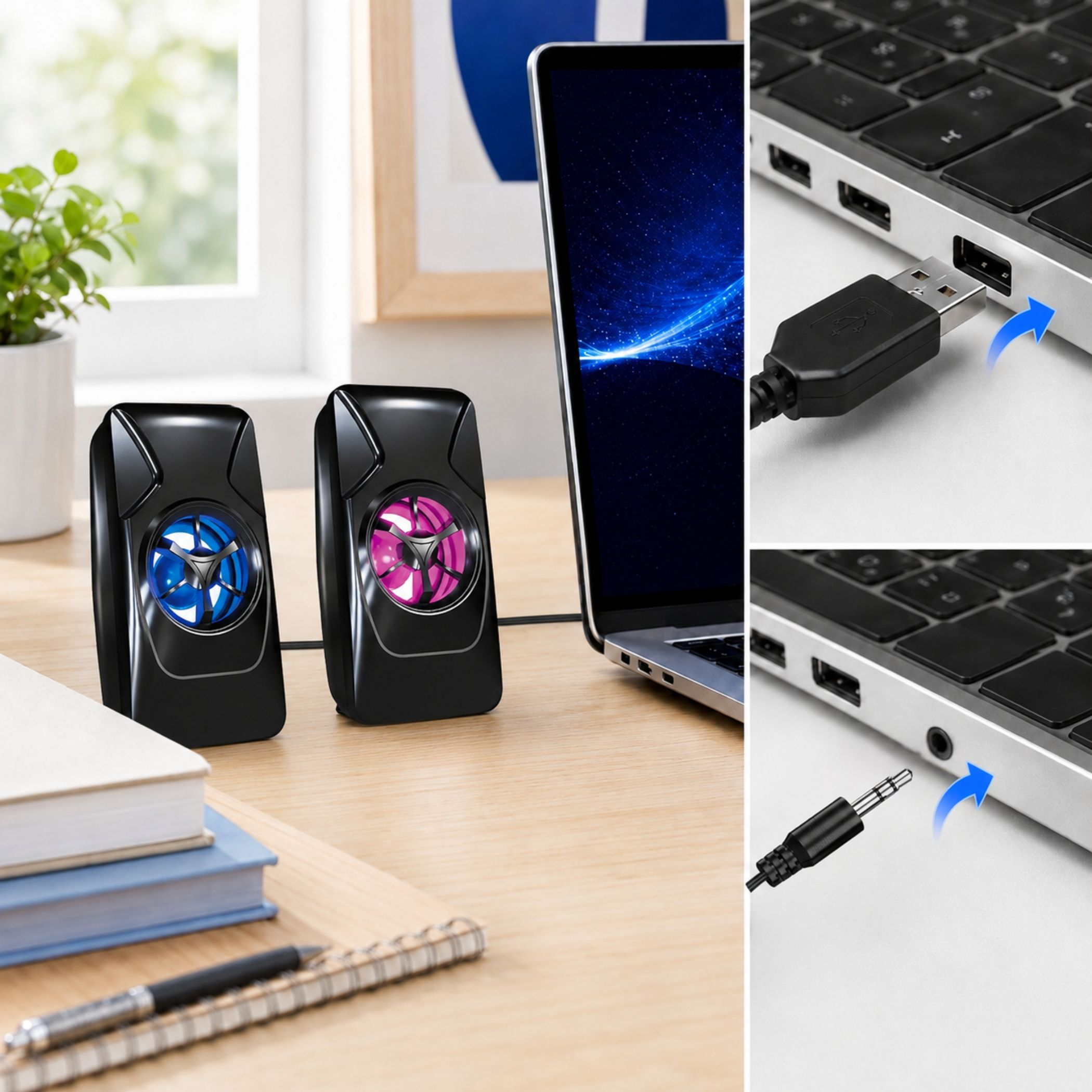 Schwarze Lautsprecher neben Laptop, USB- und Klinkenstecker werden gezeigt.