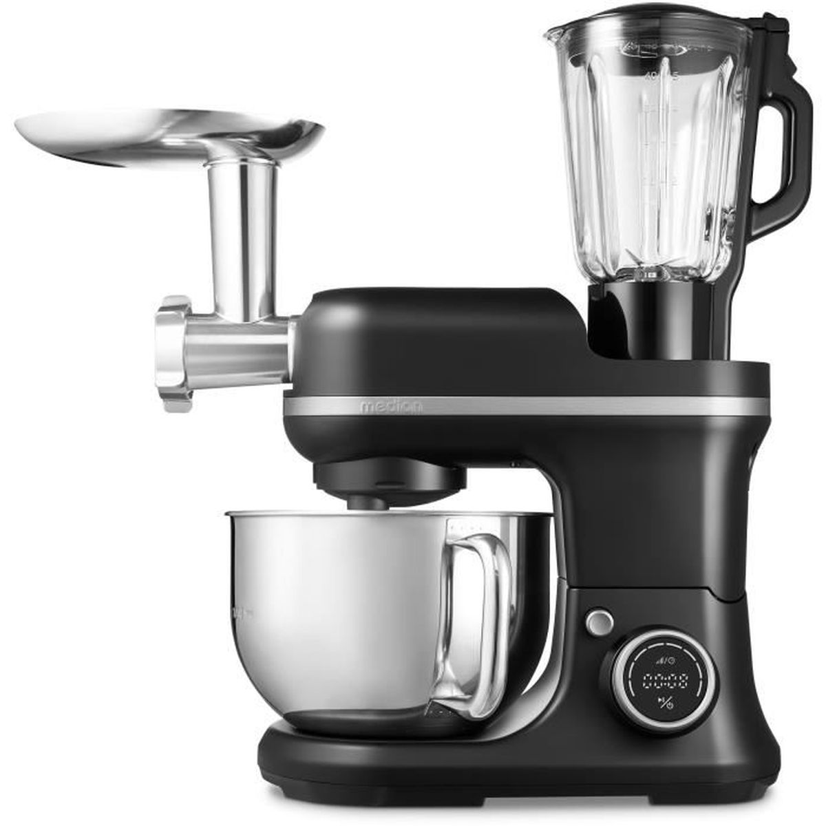 A black stand mixer with a meat grinder attachment and a mixing bowl.