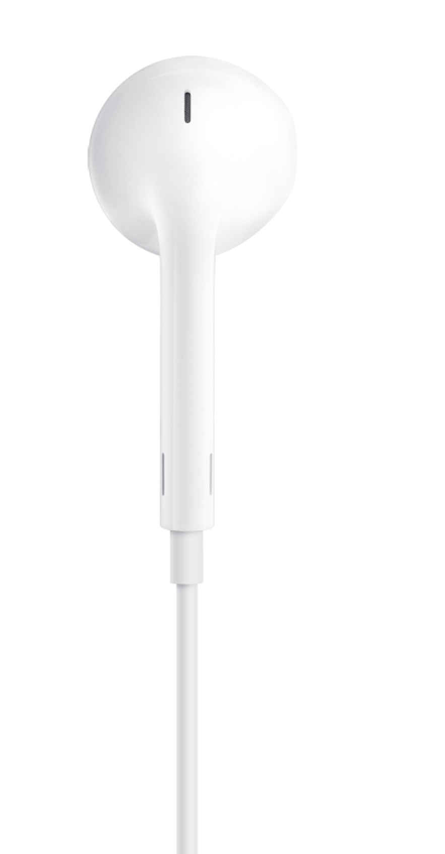 Un auricolare bianco con cavo su sfondo bianco.