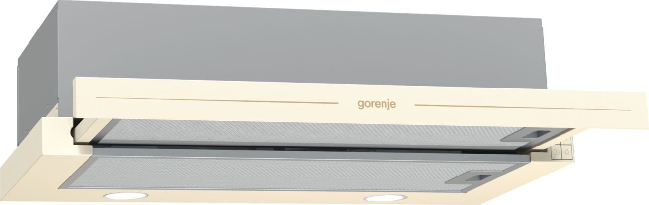 Una cappa da cucina color crema con filtri argentati e logo Gorenje.