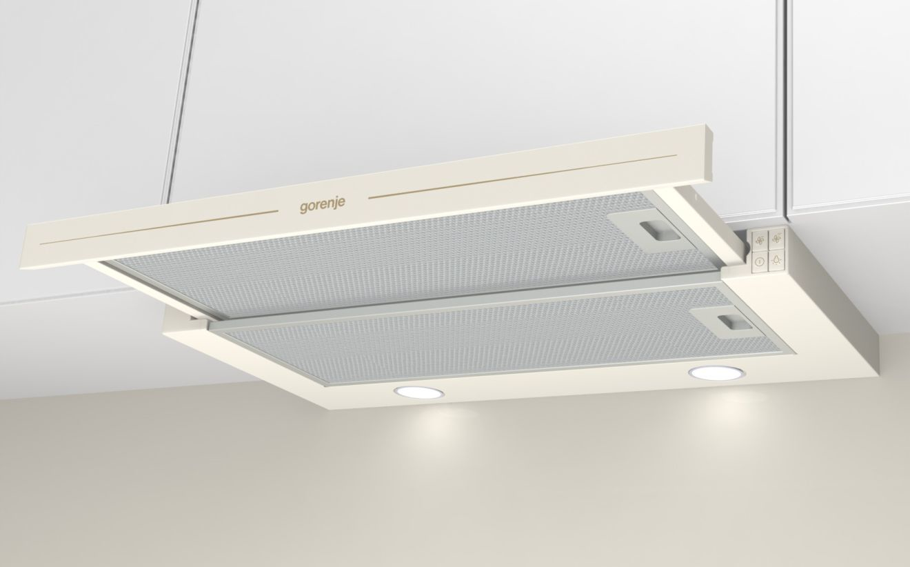 Una cappa Gorenje color crema con due filtri e luci.