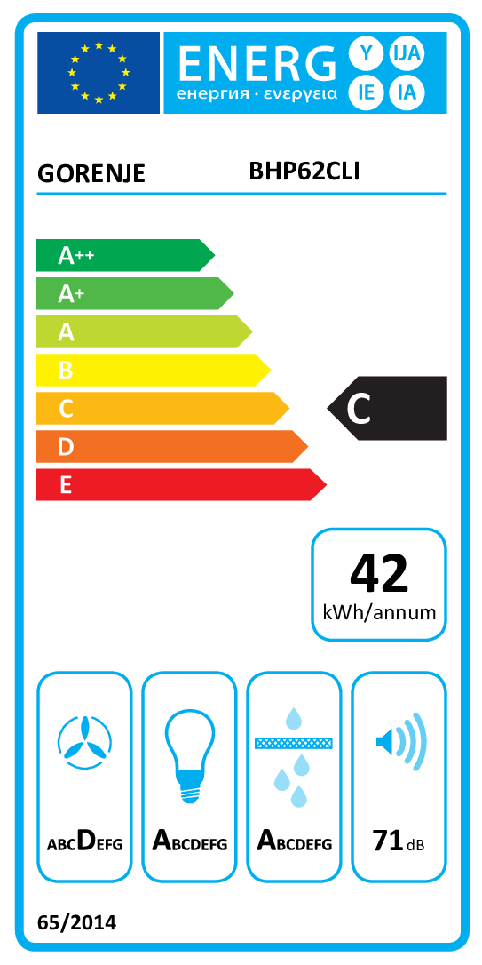Etichetta di efficienza energetica logo Gorenje, classe C, 42 kWh/anno, ventola, lampadina, gocce d'acqua, 71 dB.