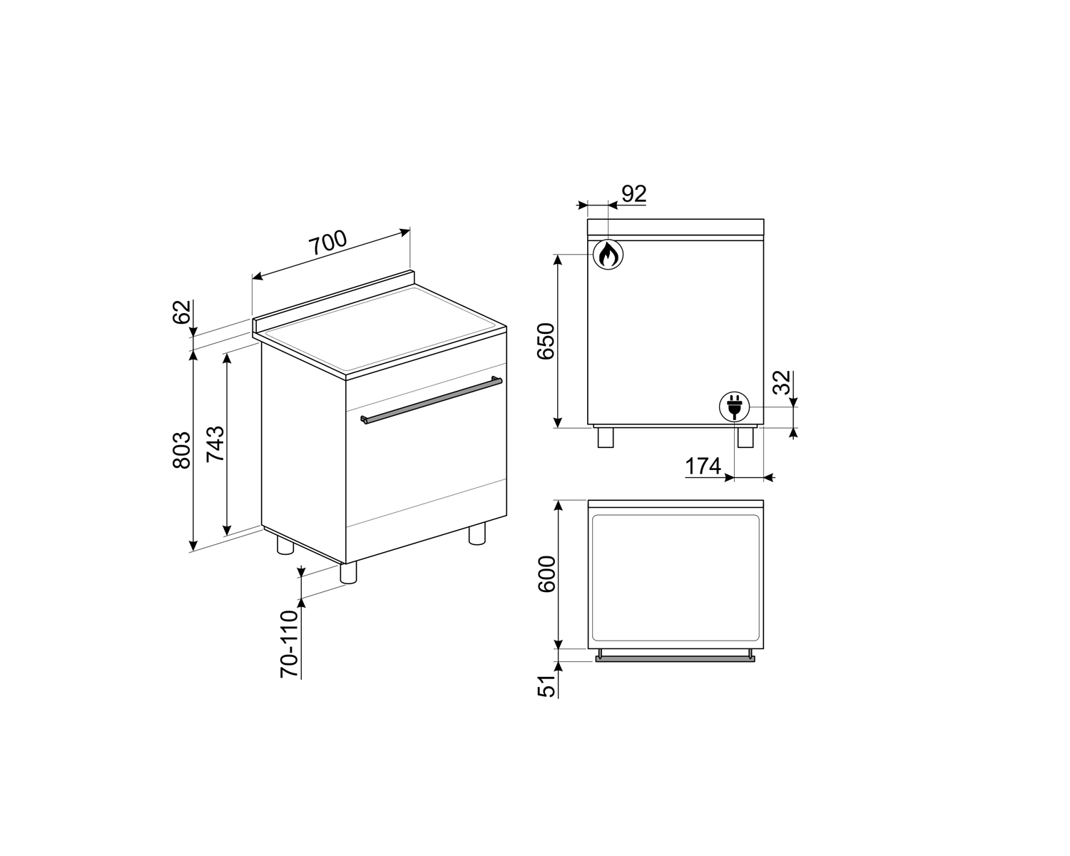 Disegno tecnico di un piano cottura con dimensioni. Vista laterale a sinistra, viste frontale e dall'alto a destra.